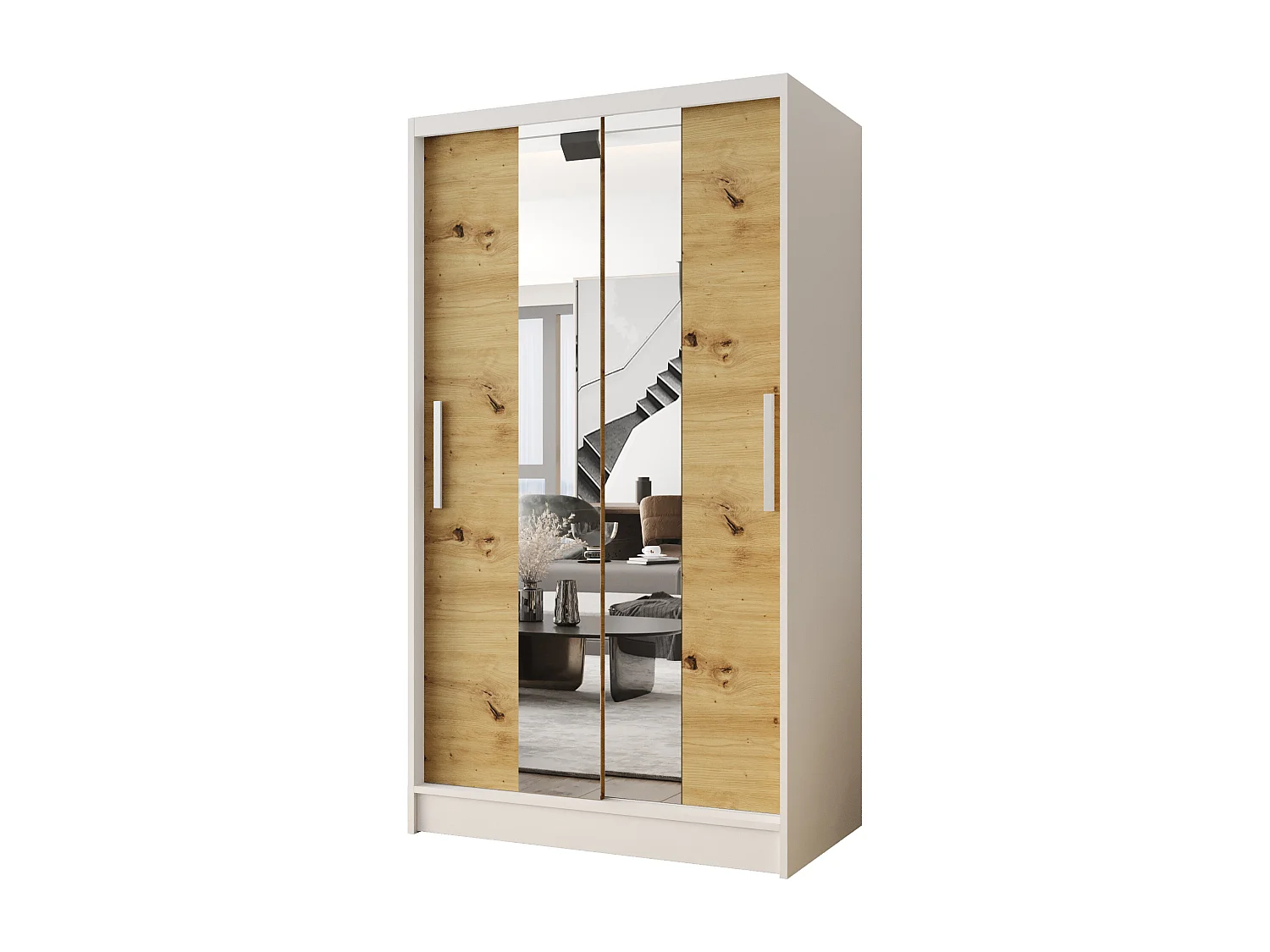 Zweitüriger Schiebeschrank mit Spiegel CHICAGO CA2, Regalböden und Kleiderstange (Weiß/Artisan)