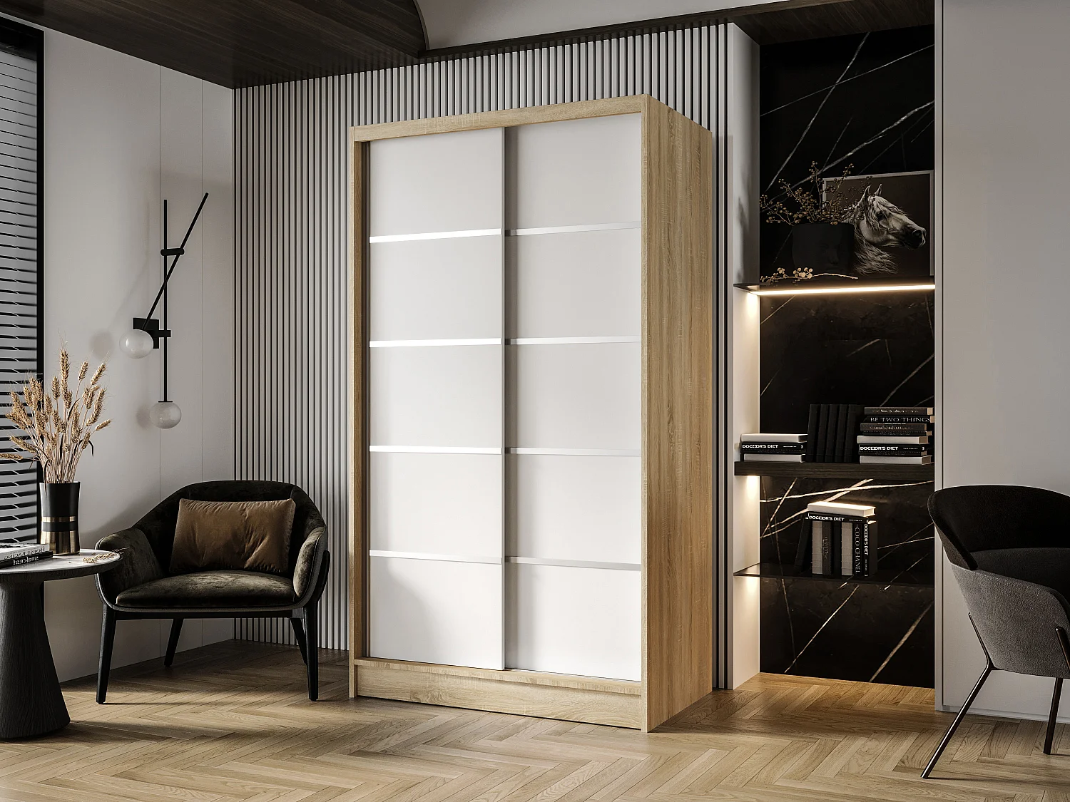 Zweitüriger Schiebeschrank DETROIT D4, Regalböden und Kleiderstange (Sonoma/Biały)