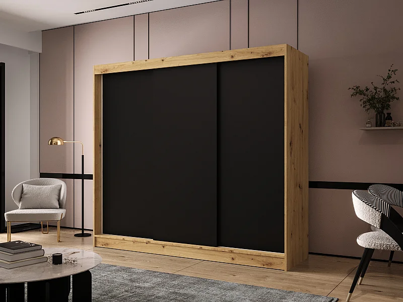 Dreitüriger Schiebeschrank DALLAS DY2, Regalböden und Kleiderstange (Artisan/Schwarz)