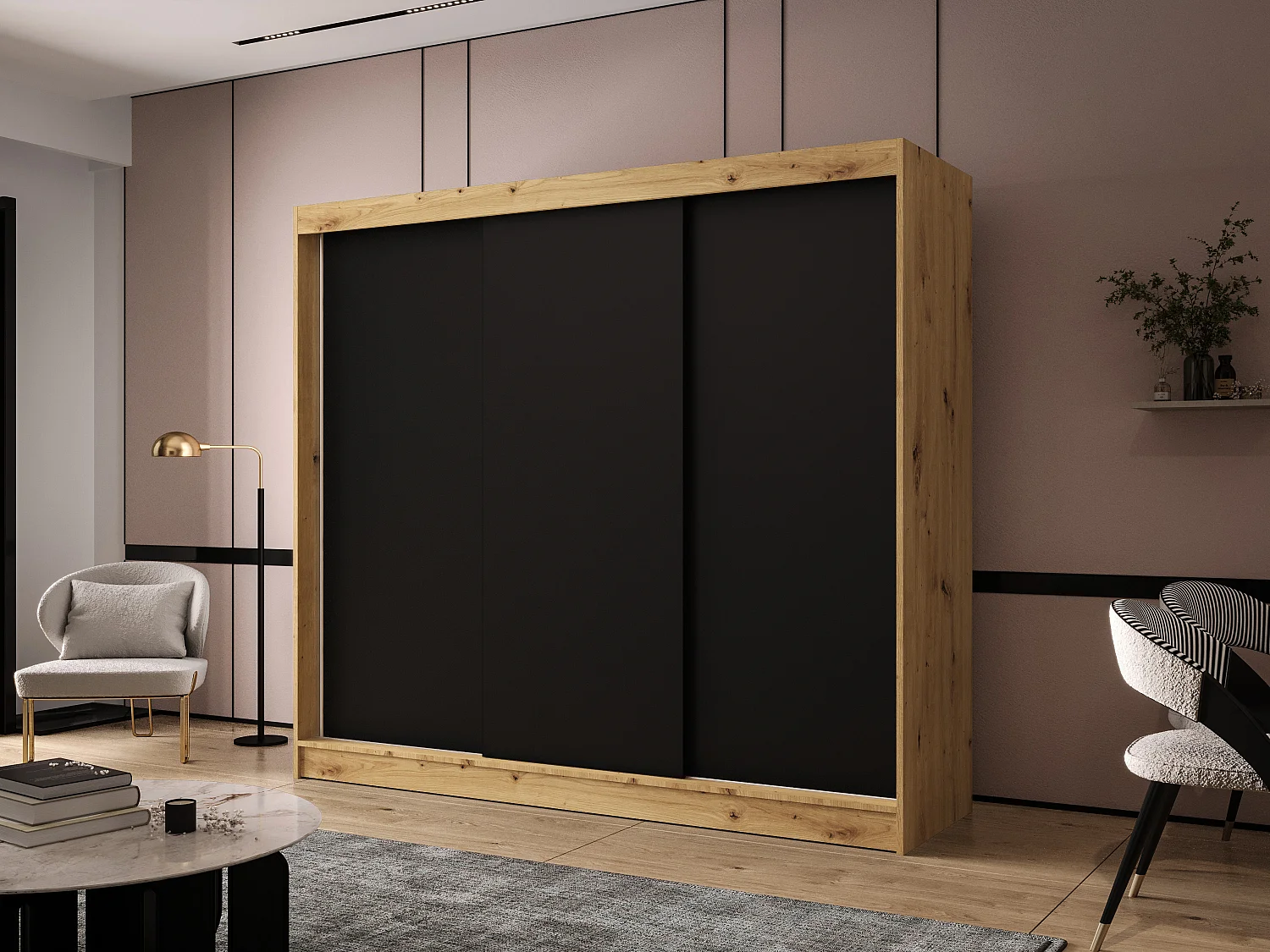 Dreitüriger Schiebeschrank DALLAS DY2, Regalböden und Kleiderstange (Artisan/Schwarz)