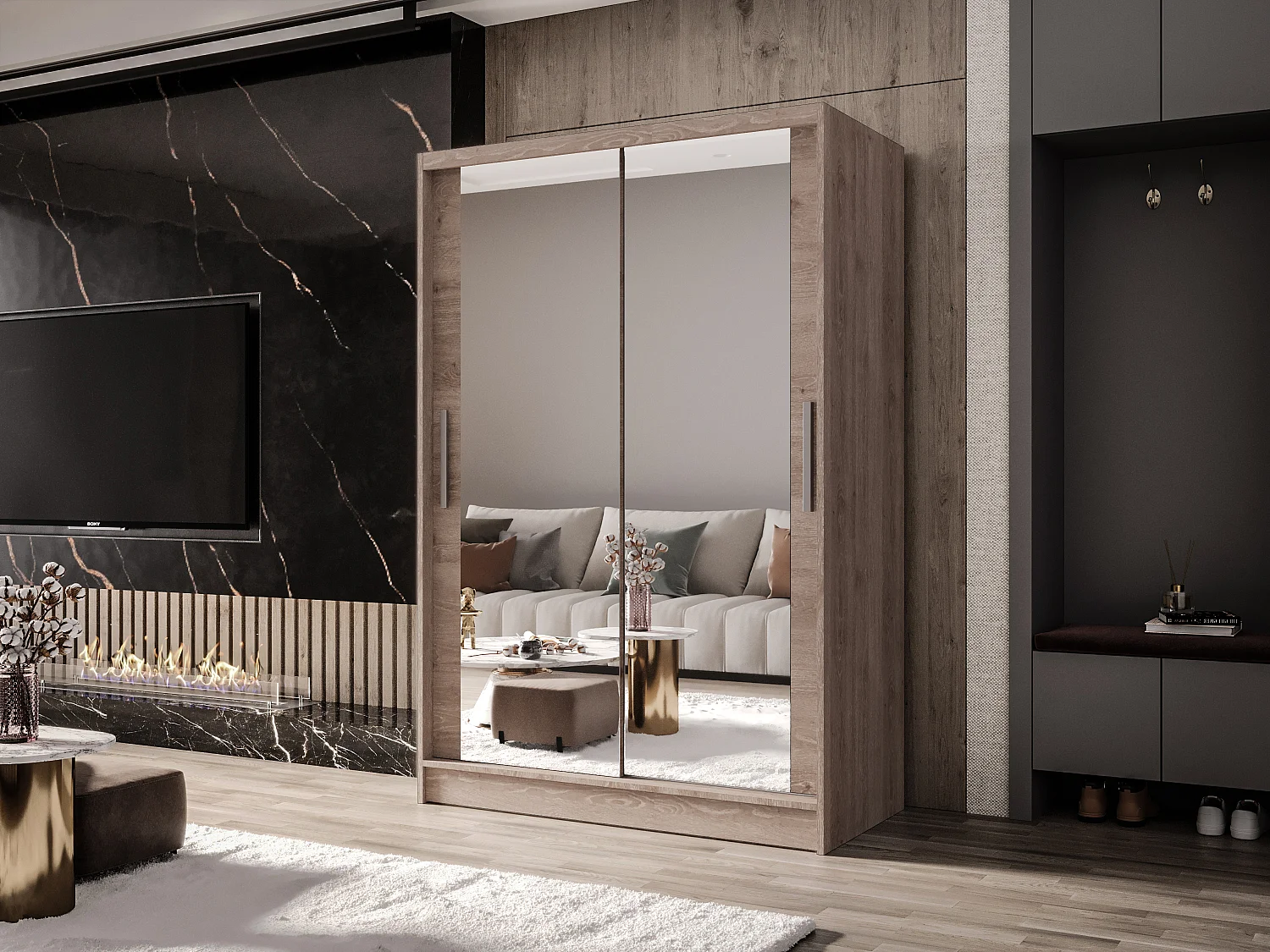 Zweitüriger Schiebeschrank mit Spiegel MESA M7 Truffle mit Regalböden und Kleiderstange