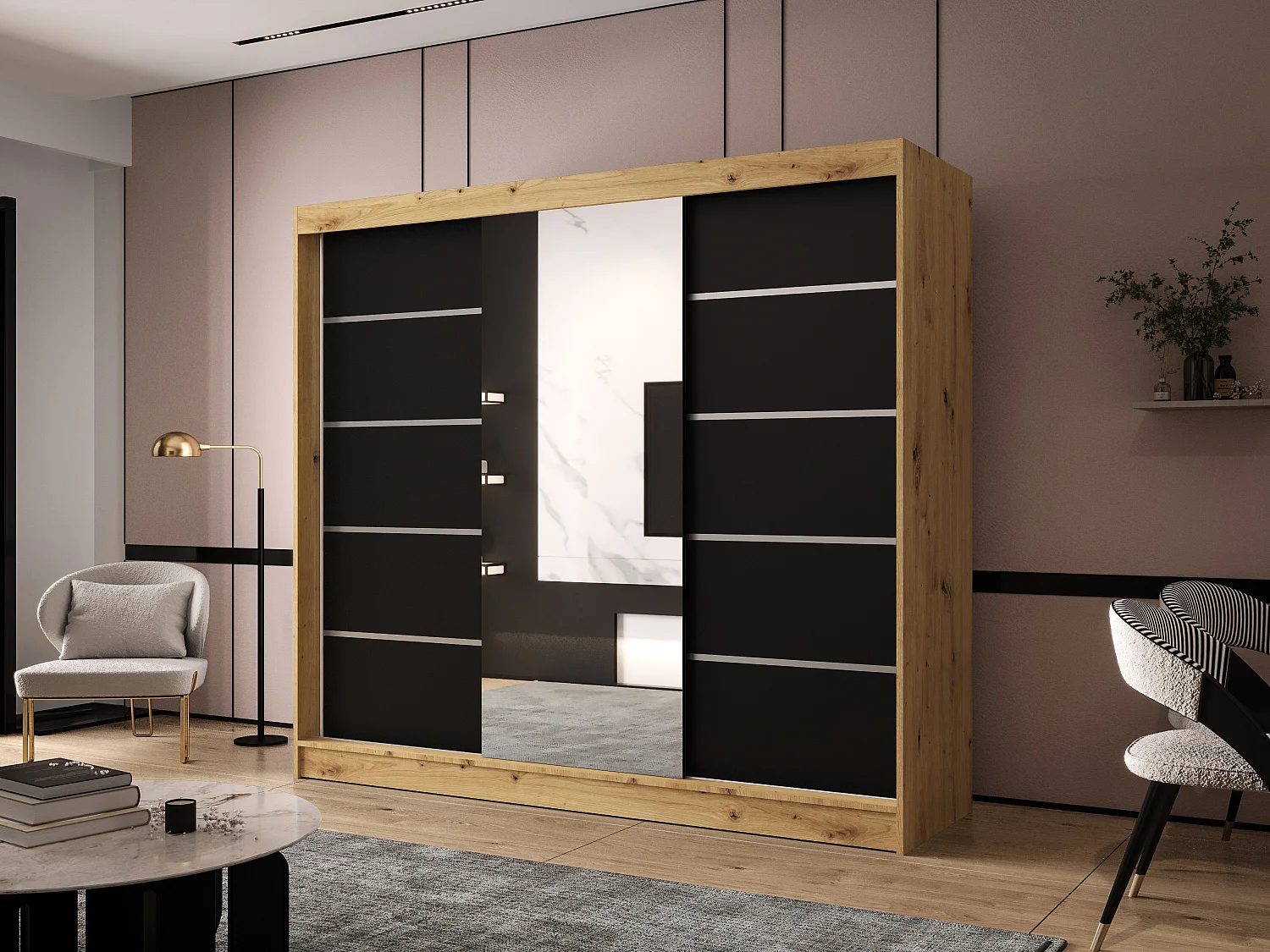 Dreitüriger Schiebeschrank mit Spiegel DALLAS DY6, Regalböden und Kleiderstange (Artisan/Schwarz)