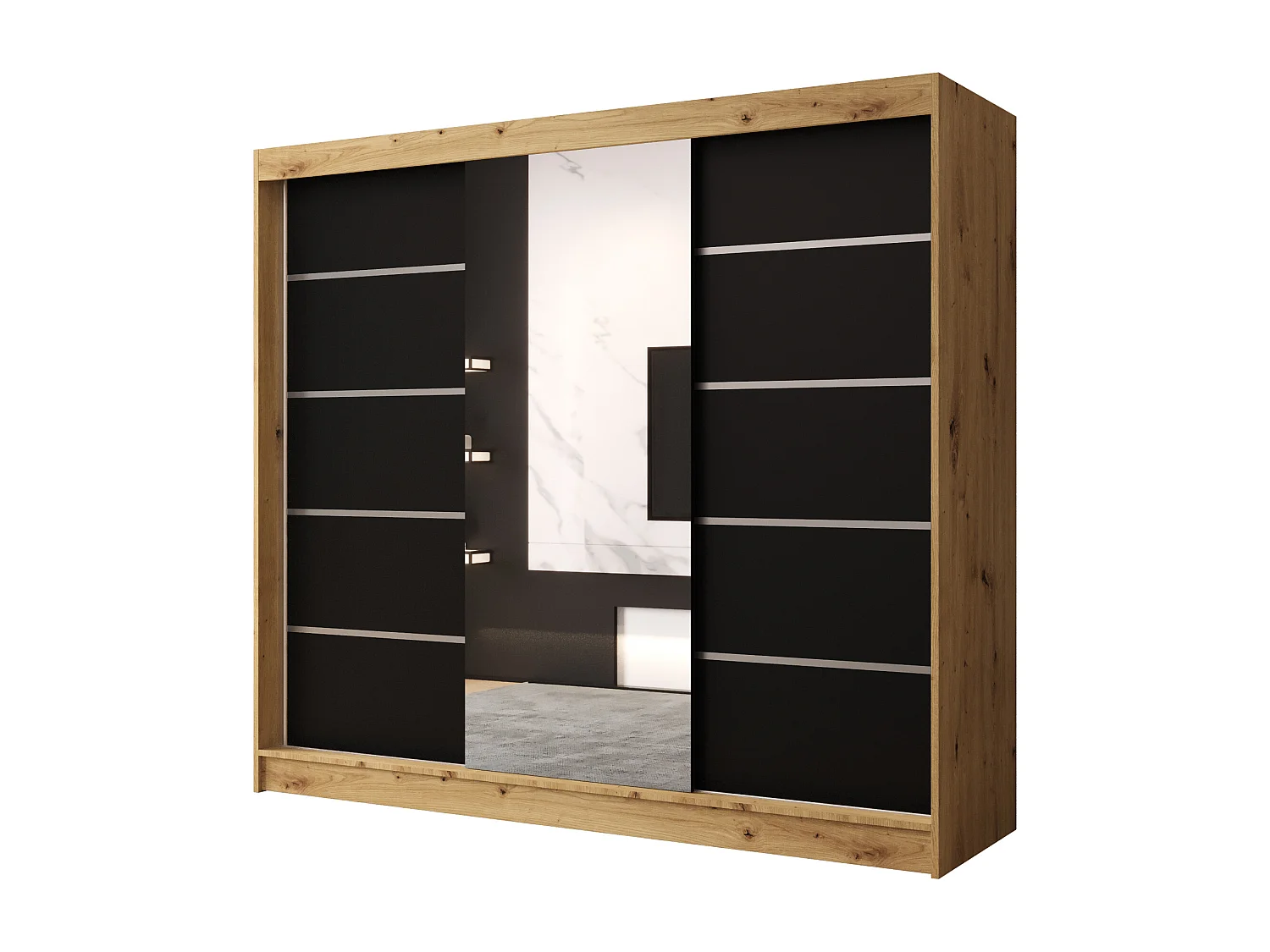 Dreitüriger Schiebeschrank mit Spiegel DALLAS DY6, Regalböden und Kleiderstange (Artisan/Schwarz)