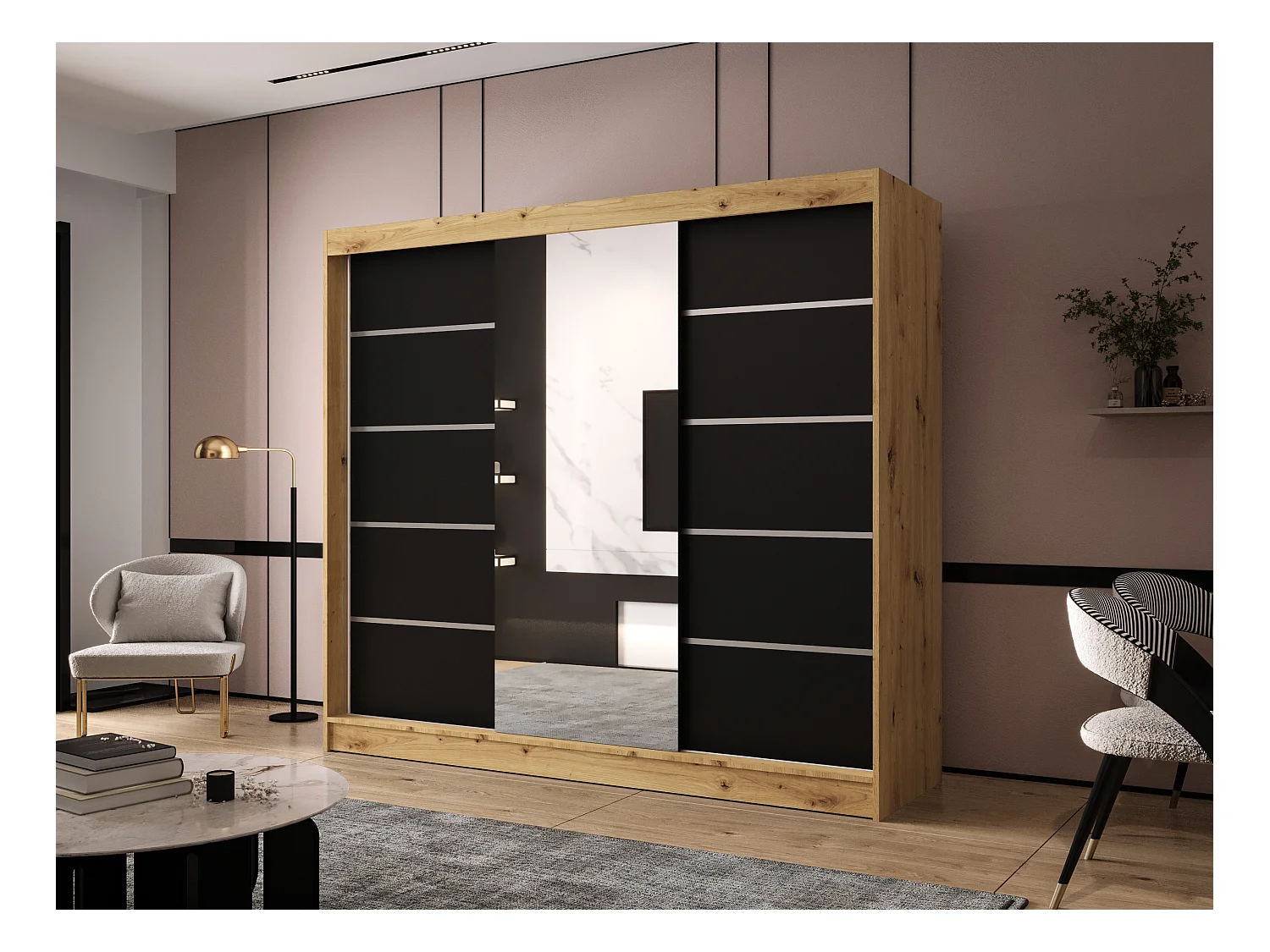 Dreitüriger Schiebeschrank mit Spiegel DALLAS DY6, Regalböden und Kleiderstange (Artisan/Schwarz)