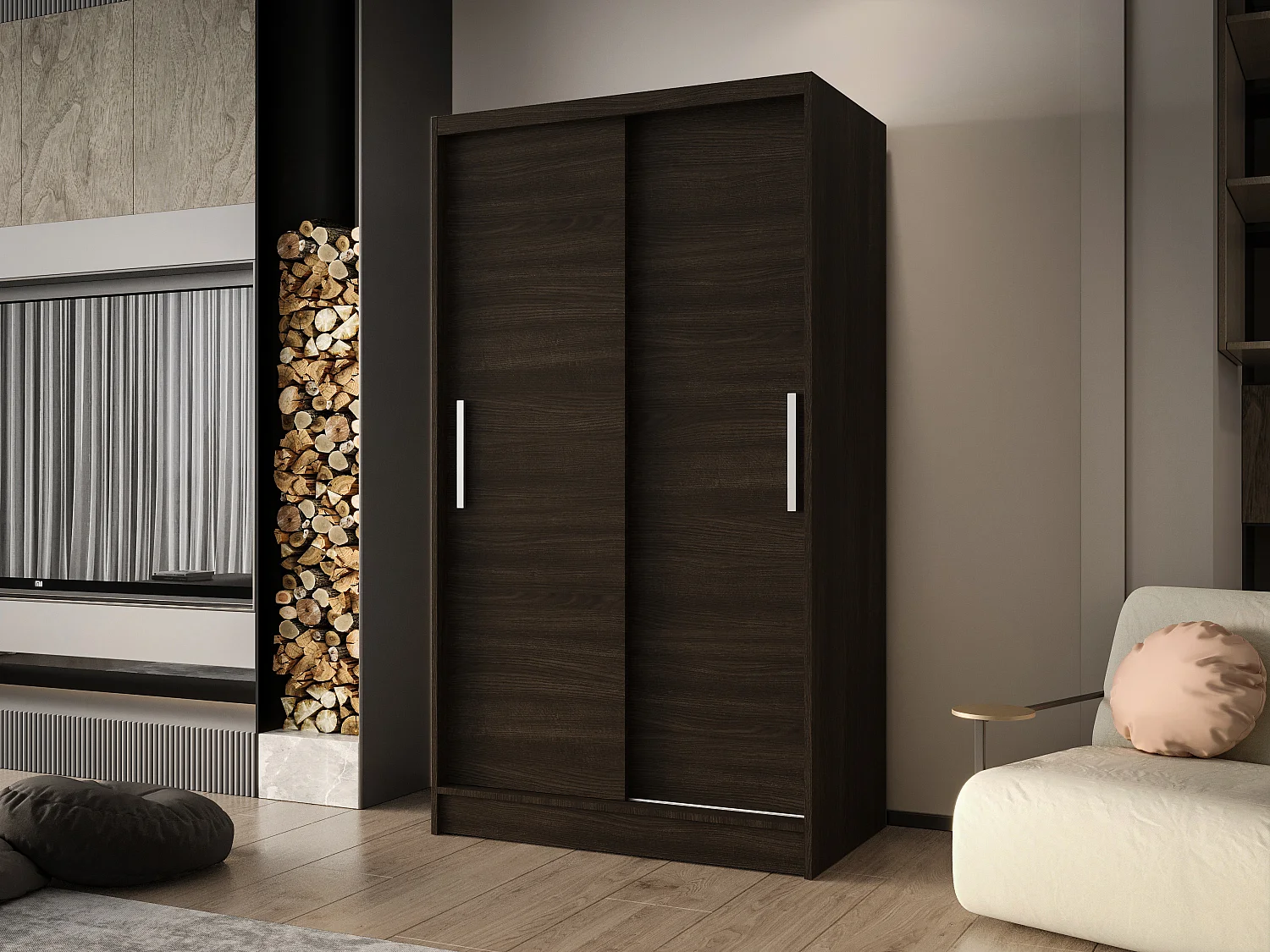 Zweitüriger Schiebeschrank CHICAGO CA1, Regalböden und Kleiderstange (Choco)