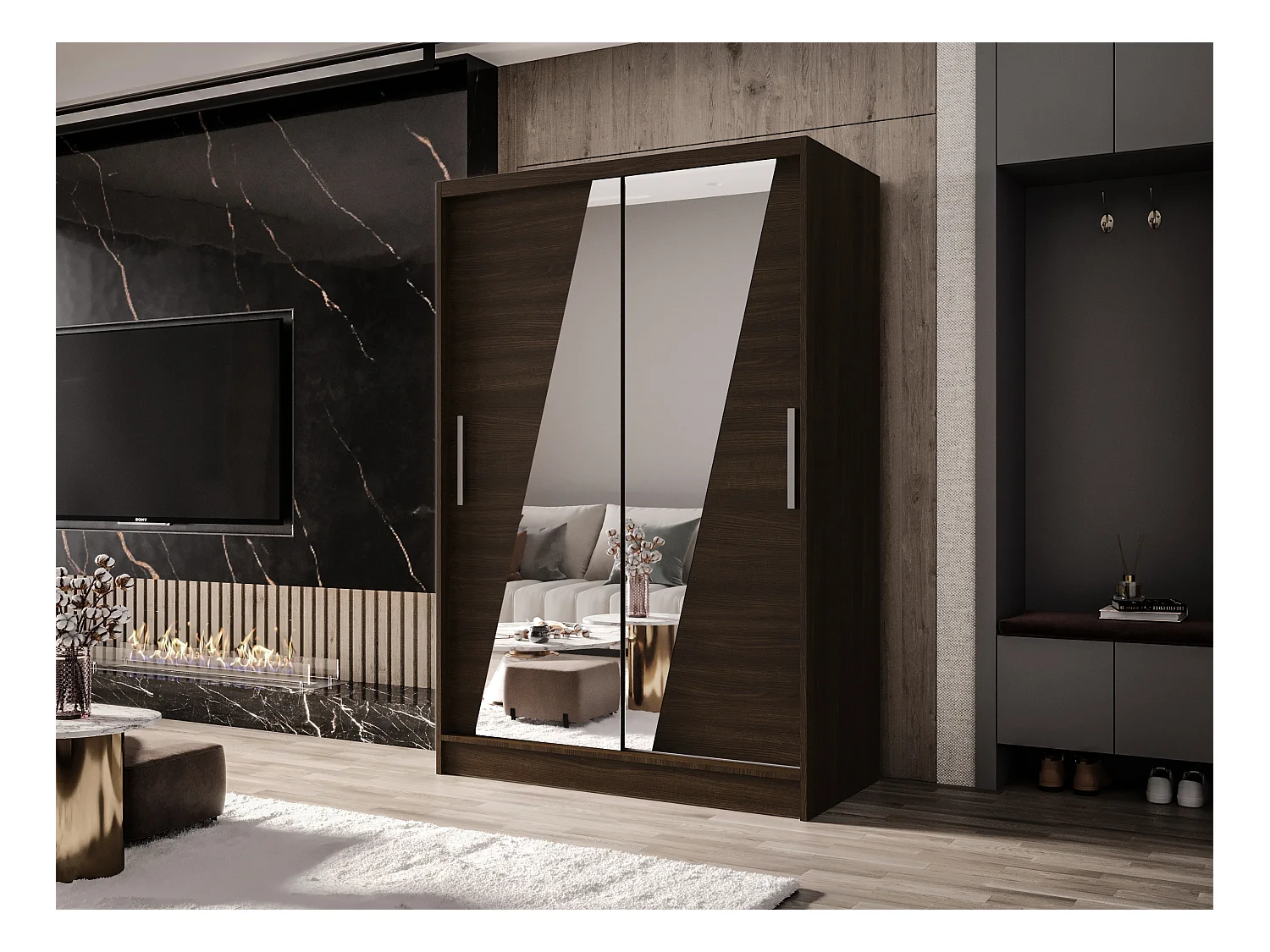 Zweitüriger Schiebeschrank mit Spiegel MESA M8 Choco mit Regalböden und Kleiderstange