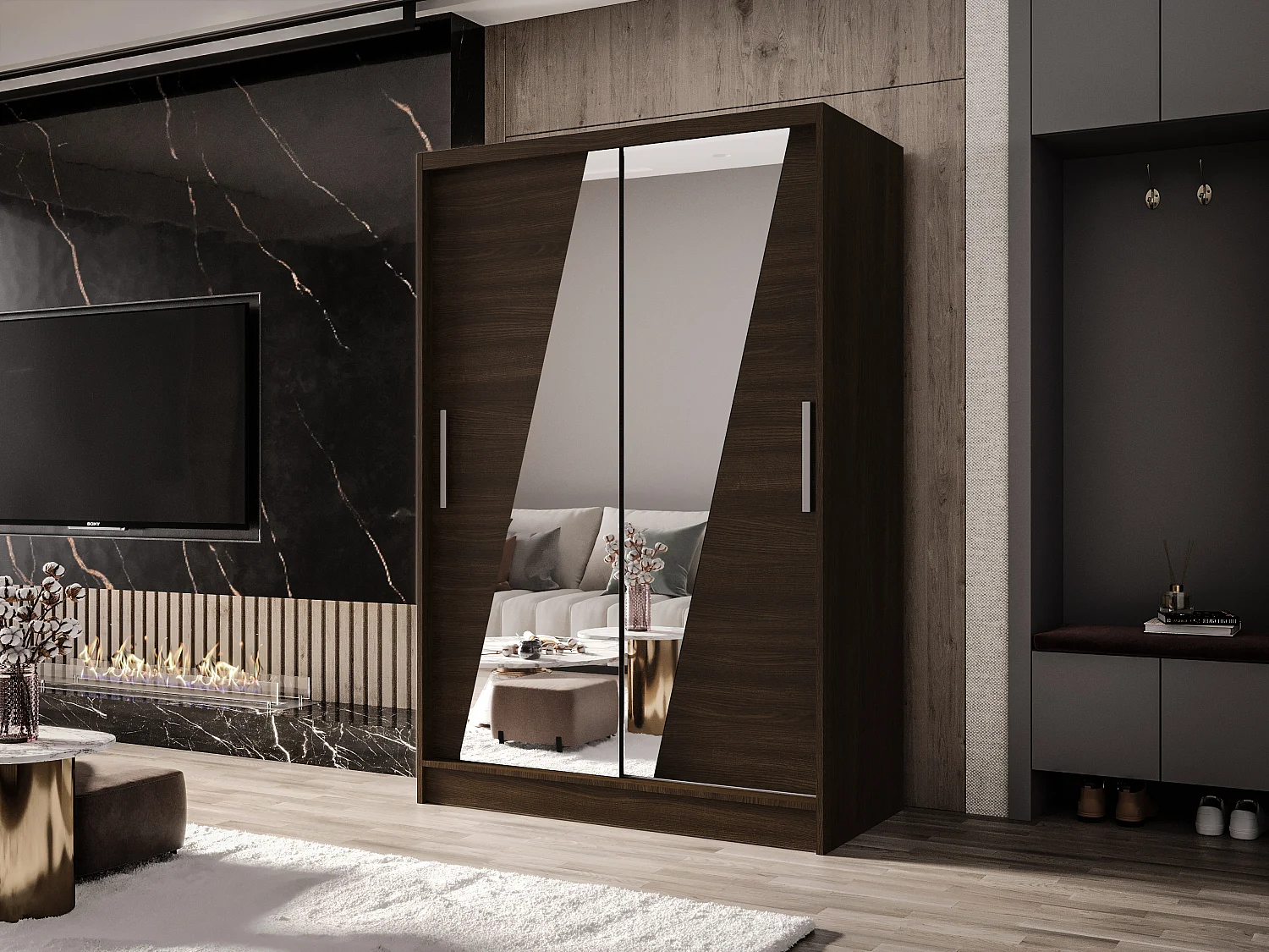 Zweitüriger Schiebeschrank mit Spiegel MESA M8 Choco mit Regalböden und Kleiderstange