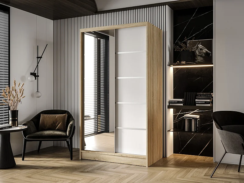 Zweitüriger Schiebeschrank mit Spiegel DETROIT D3, Regalböden und Kleiderstange (Sonoma/Weiß)