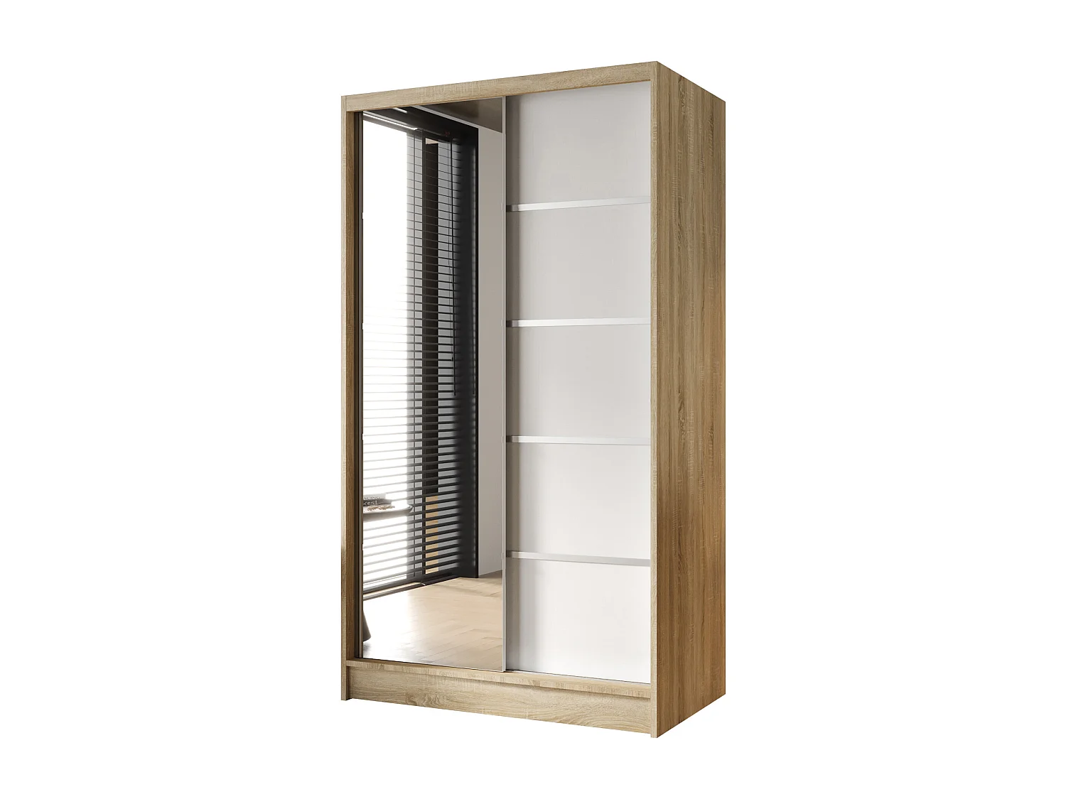 Zweitüriger Schiebeschrank mit Spiegel DETROIT D3, Regalböden und Kleiderstange (Sonoma/Weiß)