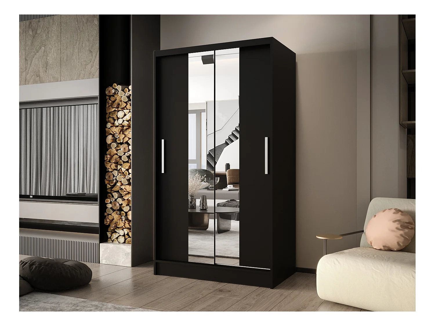Zweitüriger Schiebeschrank mit Spiegel CHICAGO CA2, Regalböden und Kleiderstange (Schwarz)