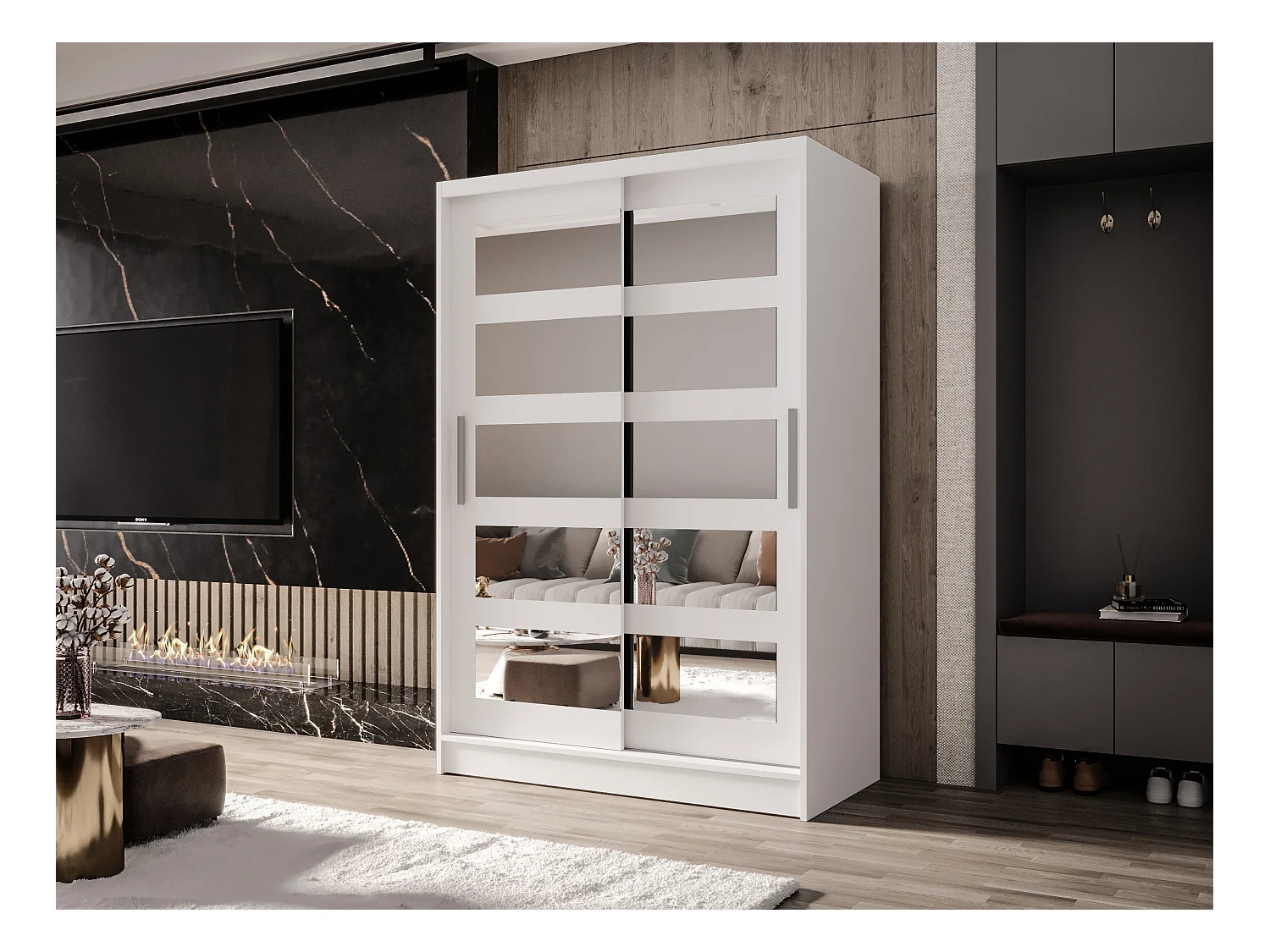 Zweitüriger Schiebeschrank mit Spiegel MESA M4 Weiß mit Regalböden und Kleiderstange