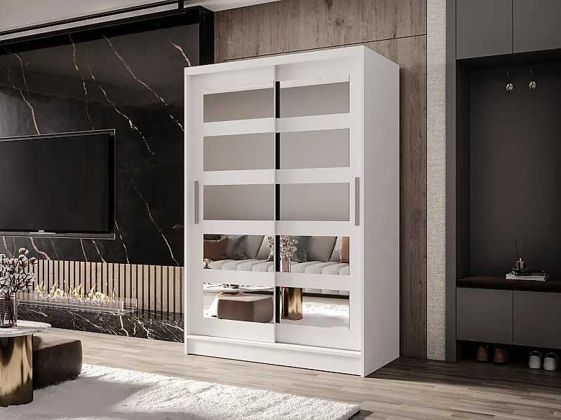 Zweitüriger Schiebeschrank mit Spiegel MESA M4 Weiß mit Regalböden und Kleiderstange