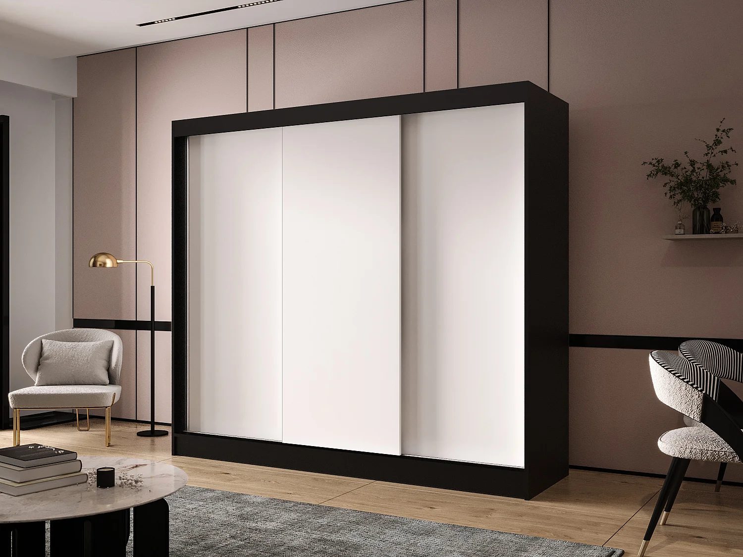 Dreitüriger Schiebeschrank DALLAS DY2, Regalböden und Kleiderstange (Schwarz/Weiß)