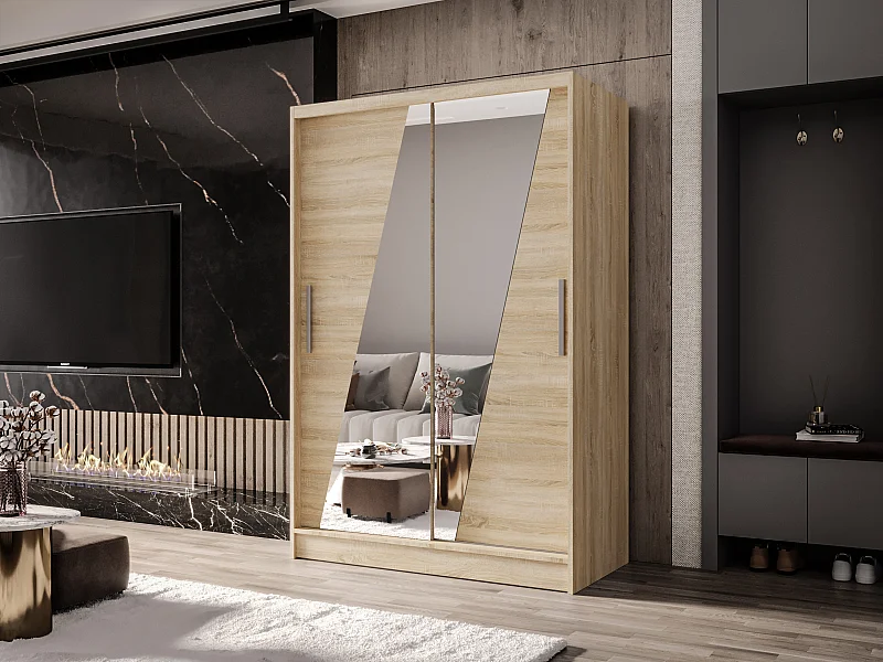 Zweitüriger Schiebeschrank mit Spiegel MESA M8 Sonoma mit Regalböden und Kleiderstange