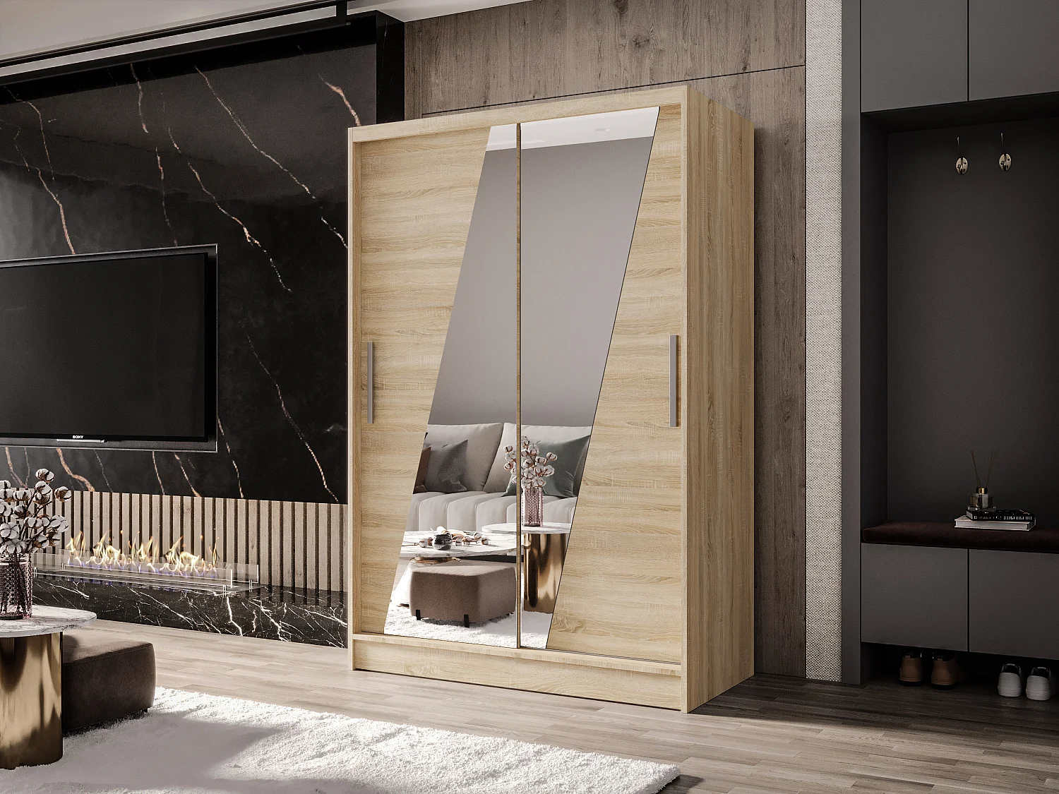 Zweitüriger Schiebeschrank mit Spiegel MESA M8 Sonoma mit Regalböden und Kleiderstange