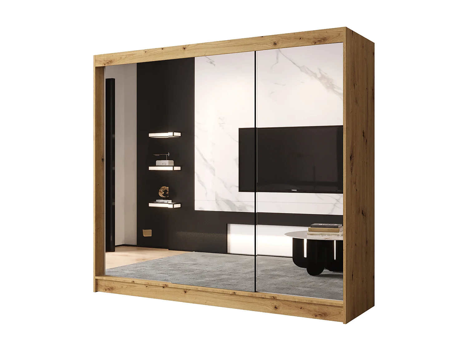 Dreitüriger Schiebeschrank mit Spiegel DALLAS DY3, Regalböden und Kleiderstange (Artisan)