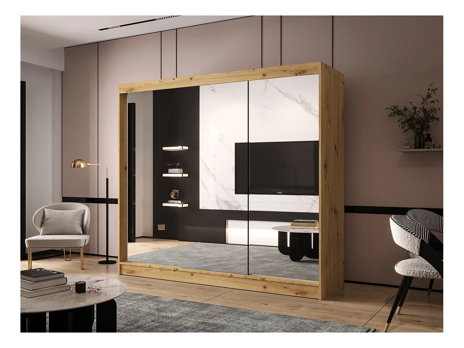 Dreitüriger Schiebeschrank mit Spiegel DALLAS DY3, Regalböden und Kleiderstange (Artisan)