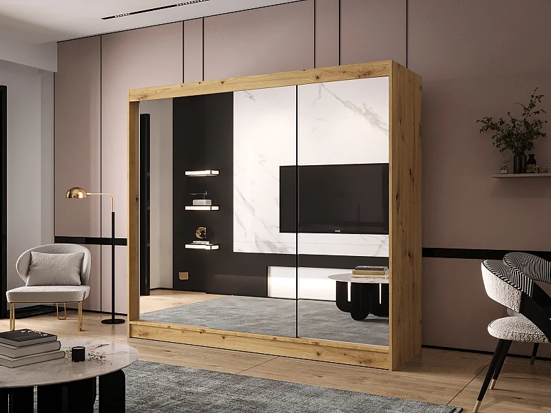 Dreitüriger Schiebeschrank mit Spiegel DALLAS DY3, Regalböden und Kleiderstange (Artisan)