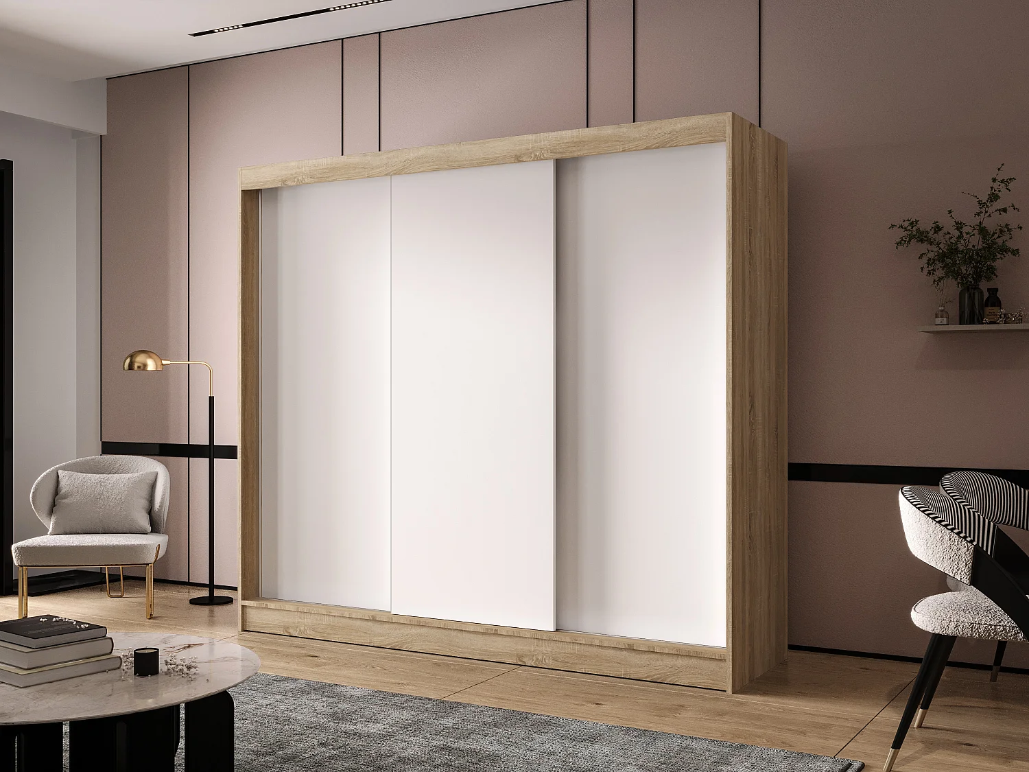 Dreitüriger Schiebeschrank DALLAS DY2, Regalböden und Kleiderstange (Sonoma/Weiß)