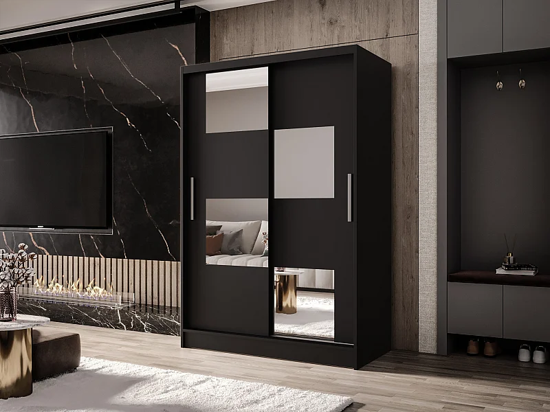 Zweitüriger Schiebeschrank mit Spiegel MESA M3 Schwarz mit Regalböden und Kleiderstange