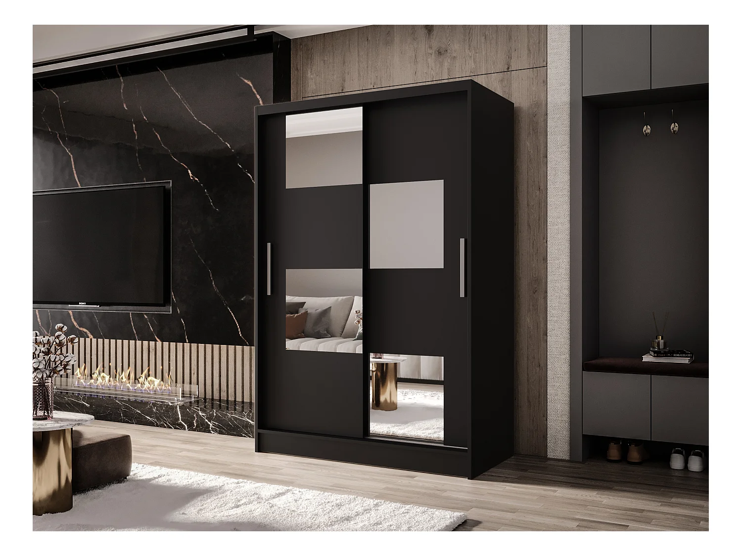 Zweitüriger Schiebeschrank mit Spiegel MESA M3 Schwarz mit Regalböden und Kleiderstange