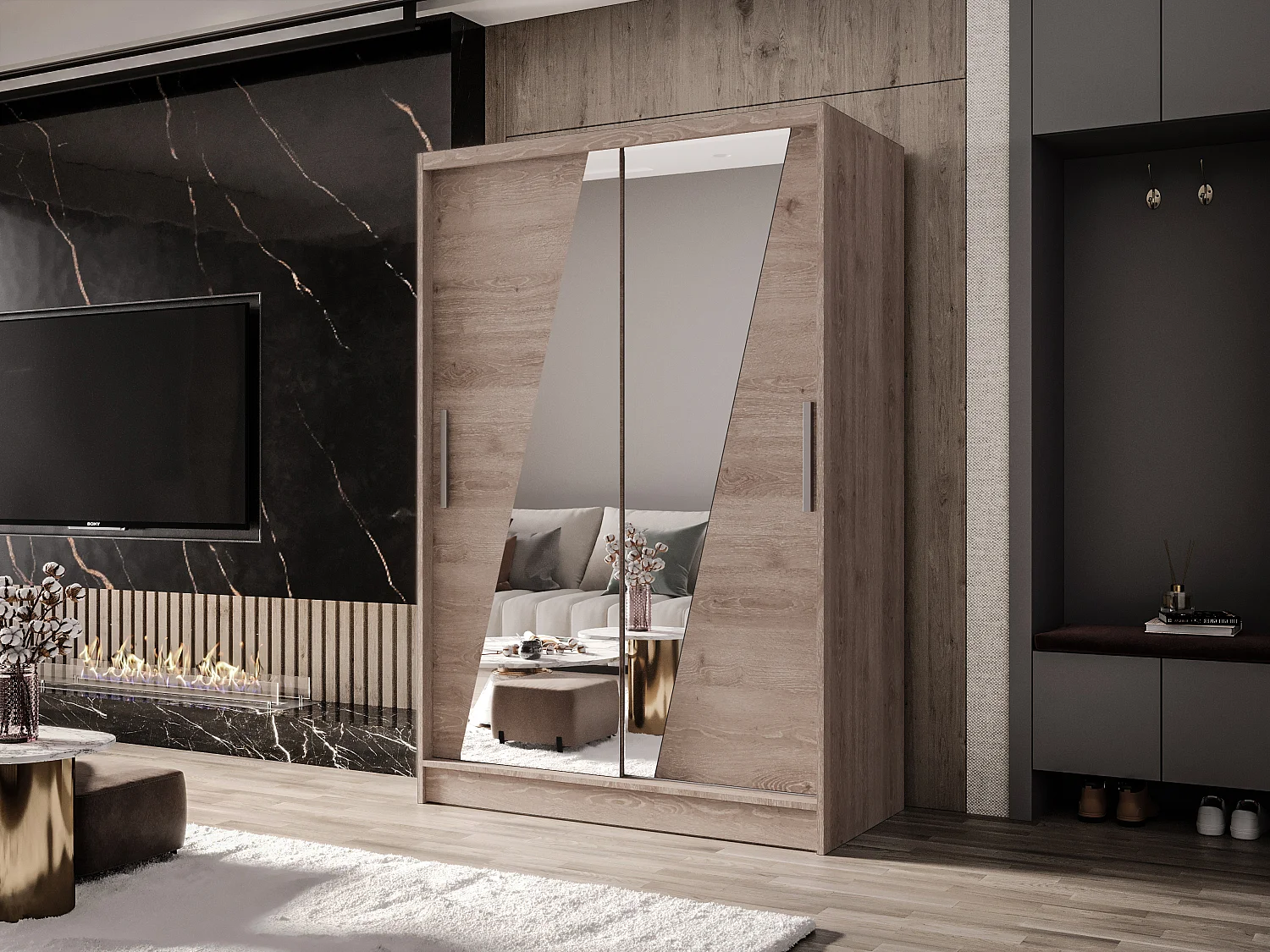 Zweitüriger Schiebeschrank mit Spiegel MESA M8 Truffle mit Regalböden und Kleiderstange