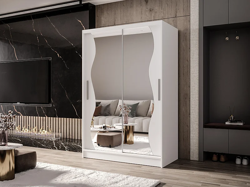 Zweitüriger Schiebeschrank mit Spiegel MESA MS Weiß mit Regalböden und Kleiderstange