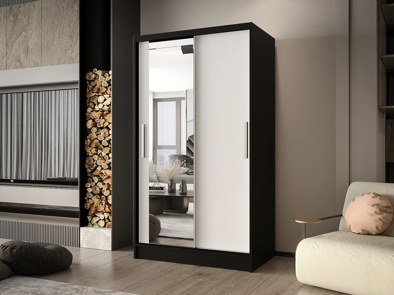 Zweitüriger Schiebeschrank mit Spiegel CHICAGO CA6, Regalböden und Kleiderstange (Schwarz/Weiß)