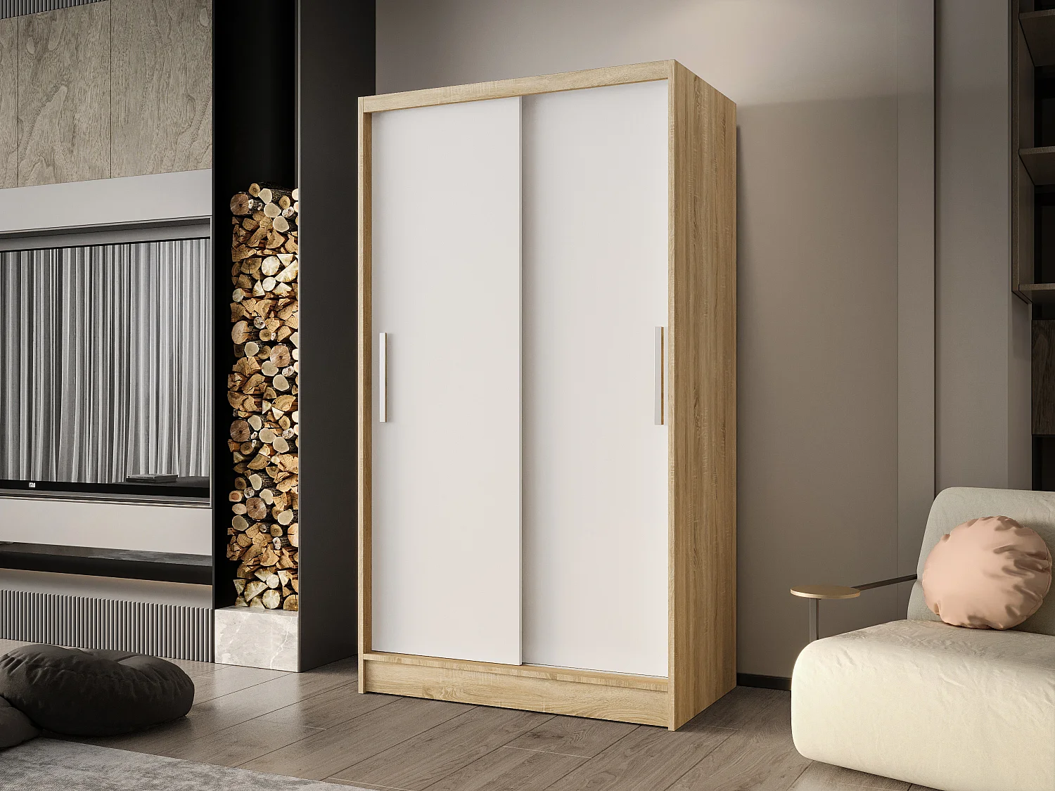 Zweitüriger Schiebeschrank CHICAGO CA1, Regalböden und Kleiderstange (Sonoma/Weiß)