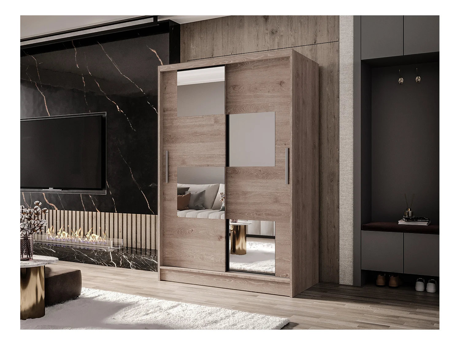 Zweitüriger Schiebeschrank mit Spiegel MESA M4 Truffle mit Regalböden und Kleiderstange
