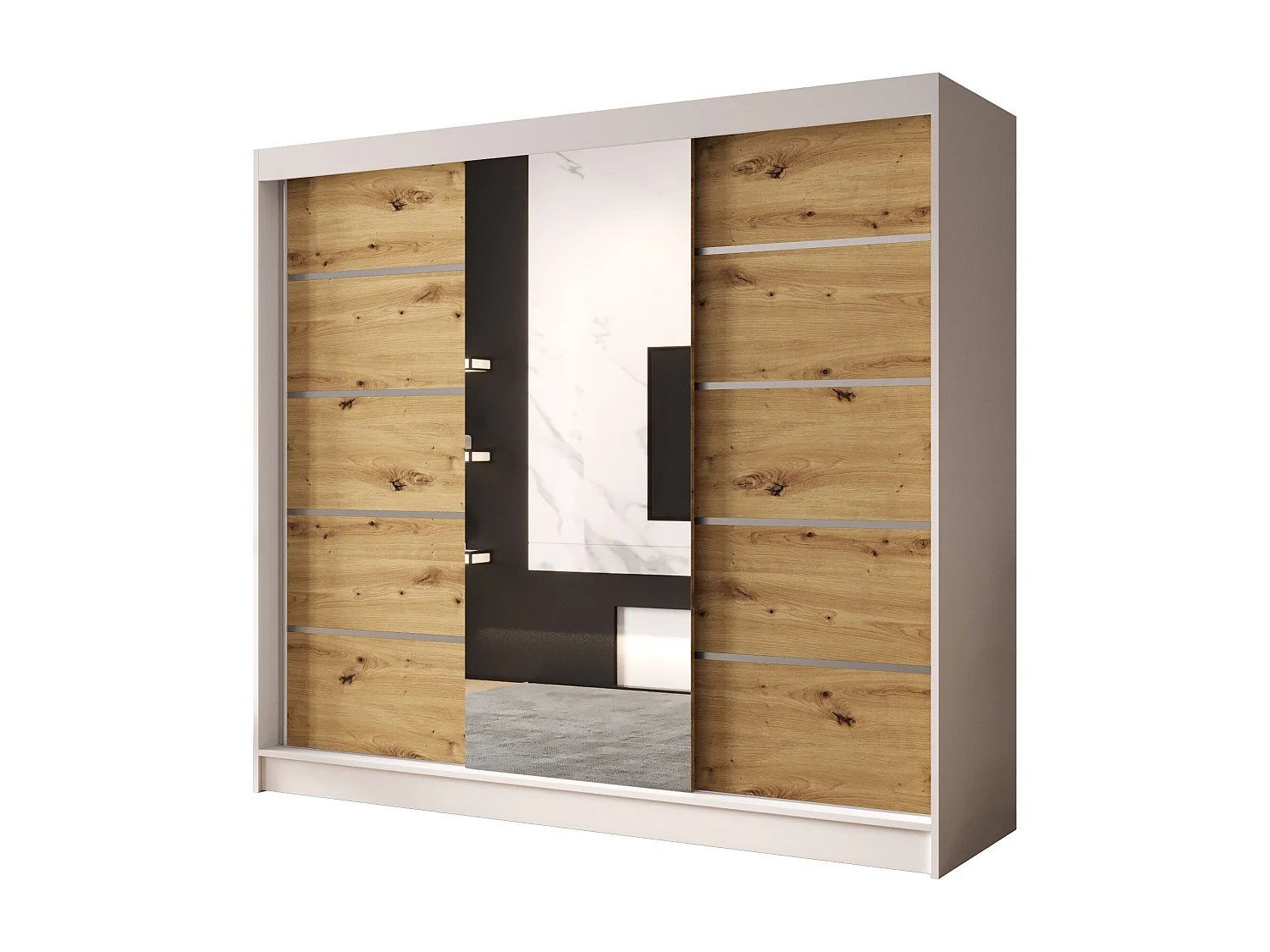 Dreitüriger Schiebeschrank mit Spiegel DALLAS DY6, Regalböden und Kleiderstange (Weiß/Artisan)