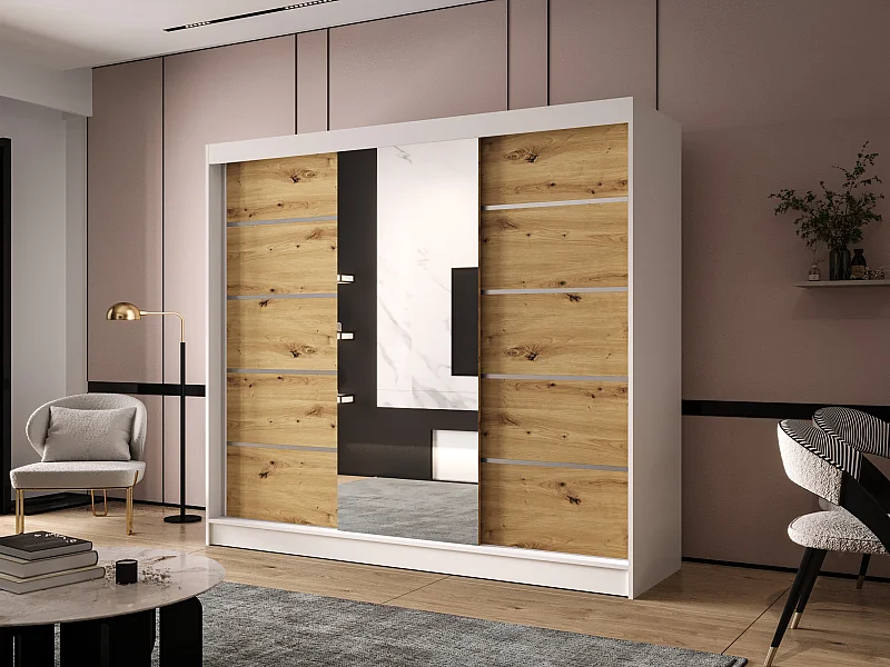 Dreitüriger Schiebeschrank mit Spiegel DALLAS DY6, Regalböden und Kleiderstange (Weiß/Artisan)