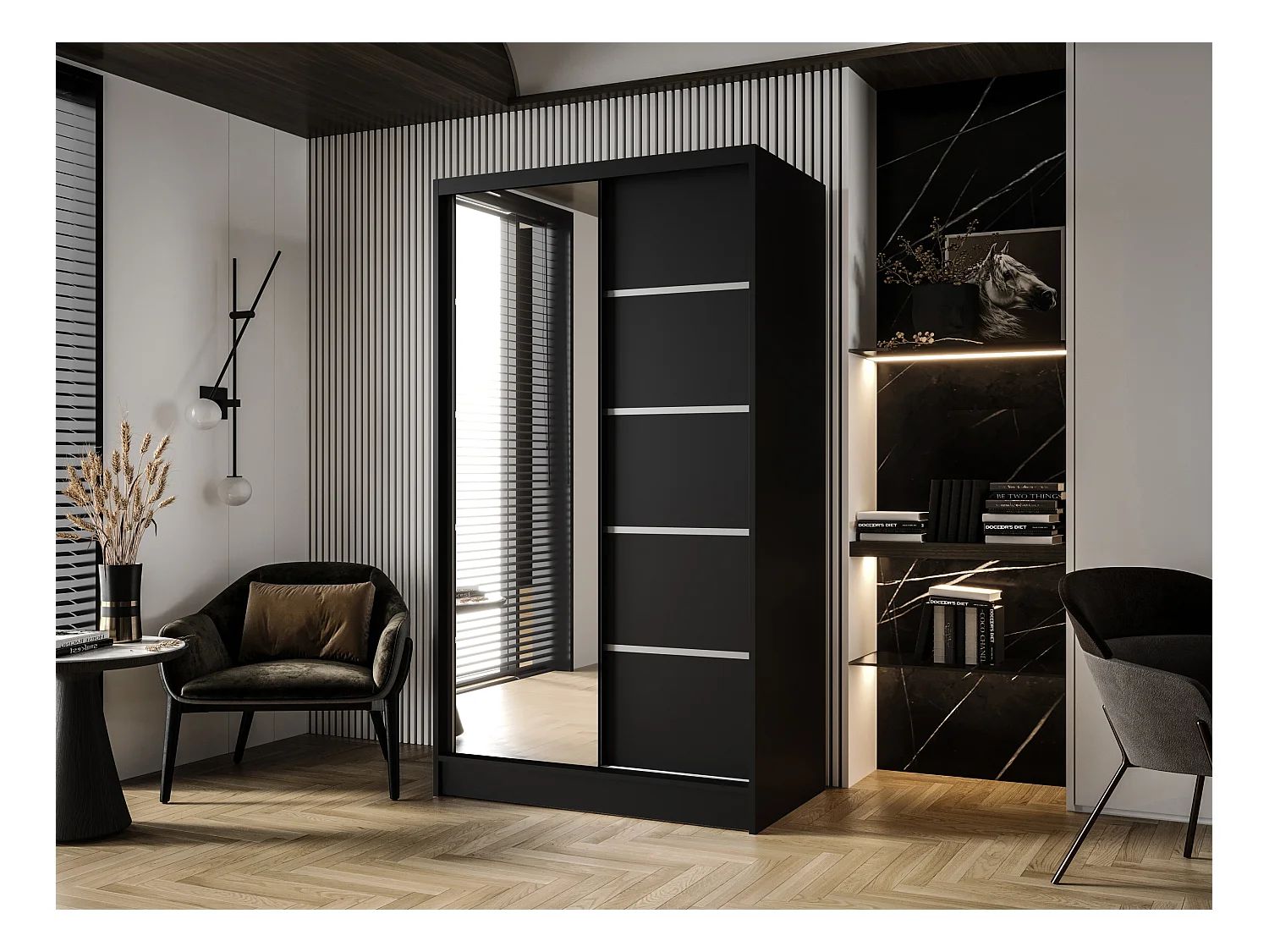 Zweitüriger Schiebeschrank mit Spiegel DETROIT D3, Regalböden und Kleiderstange (Schwarz)
