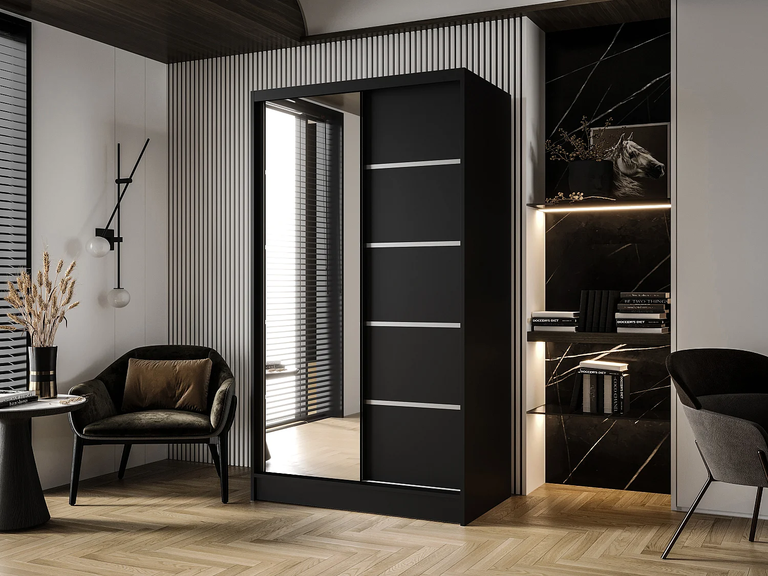 Zweitüriger Schiebeschrank mit Spiegel DETROIT D3, Regalböden und Kleiderstange (Schwarz)