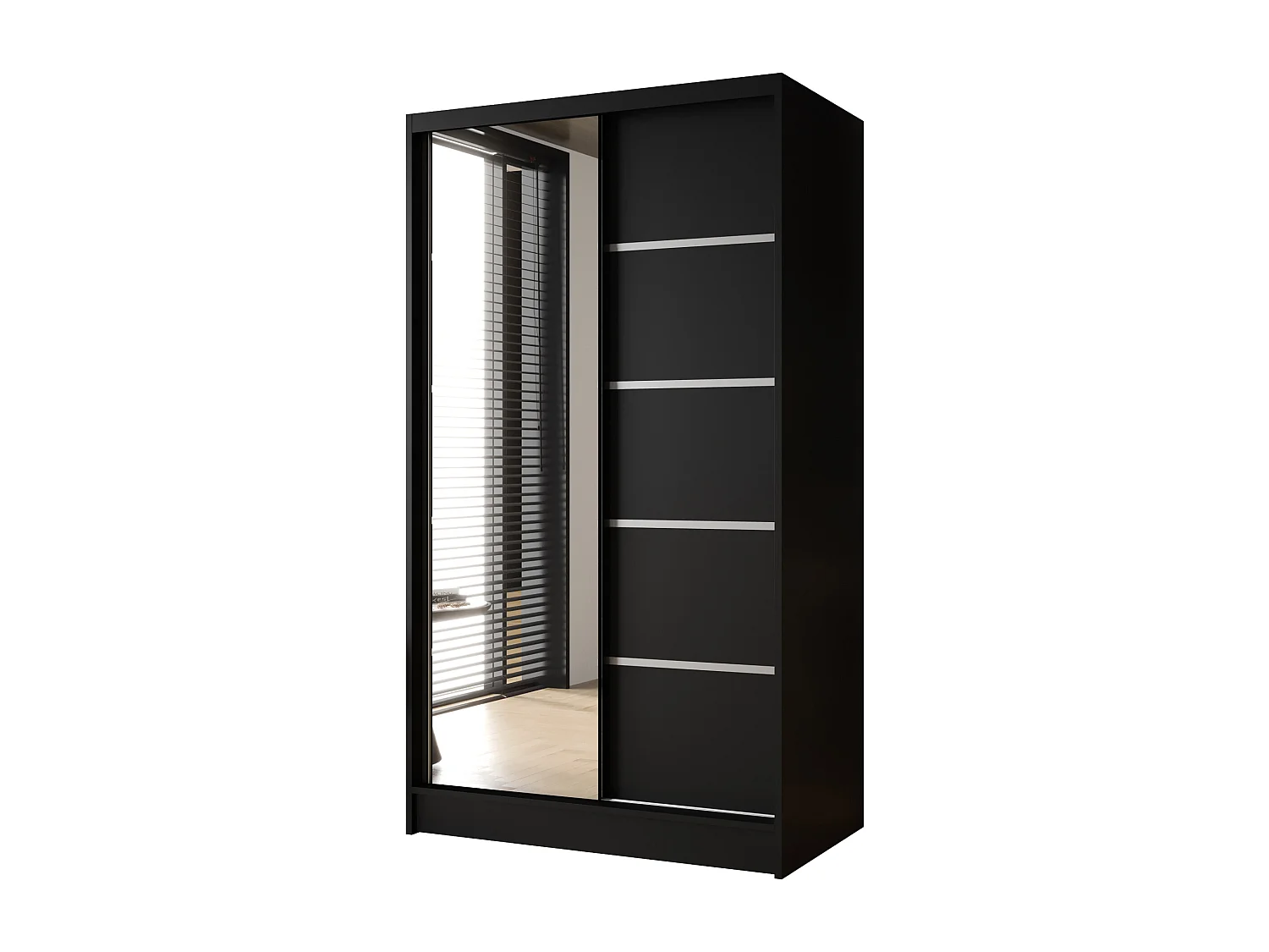 Zweitüriger Schiebeschrank mit Spiegel DETROIT D3, Regalböden und Kleiderstange (Schwarz)