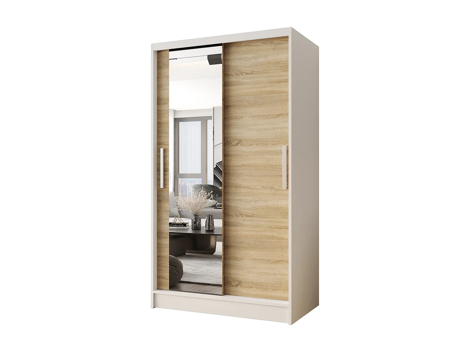 Zweitüriger Schiebeschrank mit Spiegel CHICAGO CA6, Regalböden und Kleiderstange (Weiß/Sonoma)