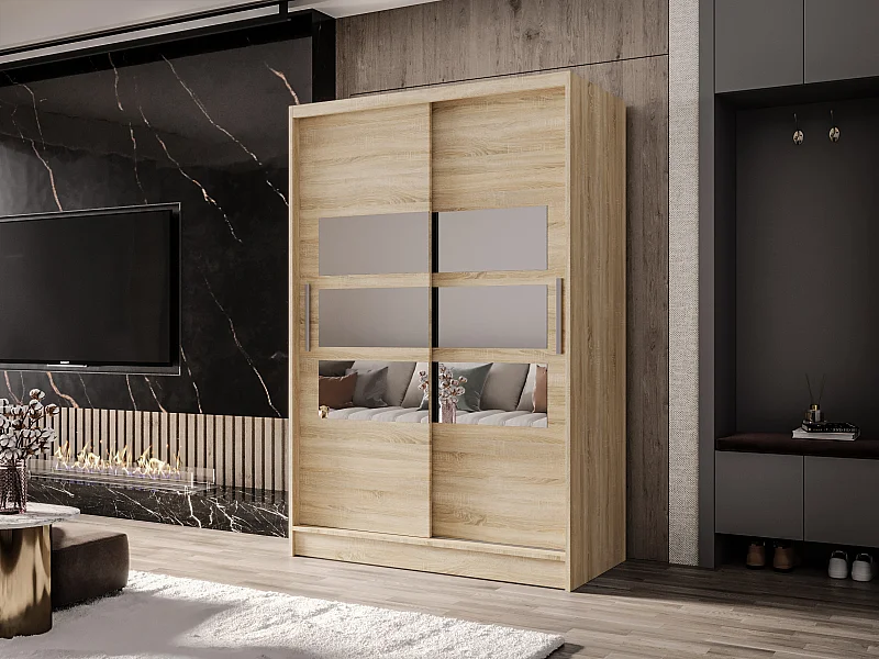 Zweitüriger Schiebeschrank mit Spiegel MESA M5 Sonoma mit Regalböden und Kleiderstange