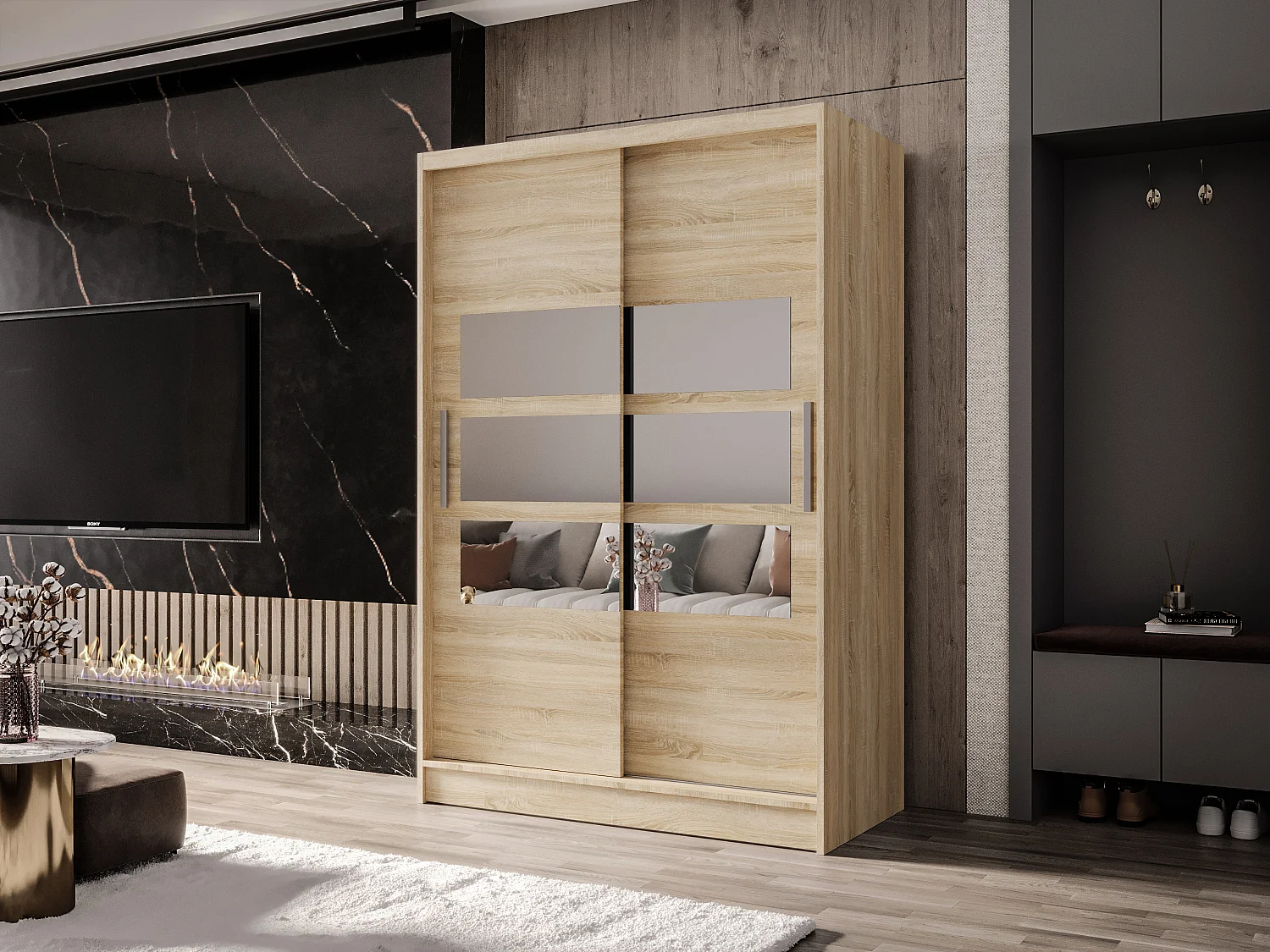 Zweitüriger Schiebeschrank mit Spiegel MESA M5 Sonoma mit Regalböden und Kleiderstange