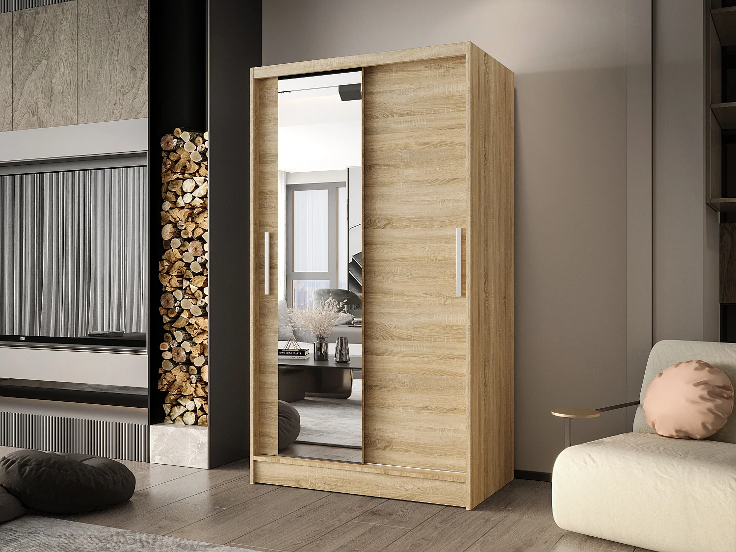 Zweitüriger Schiebeschrank mit Spiegel CHICAGO CA6, Regalböden und Kleiderstange (Sonoma)