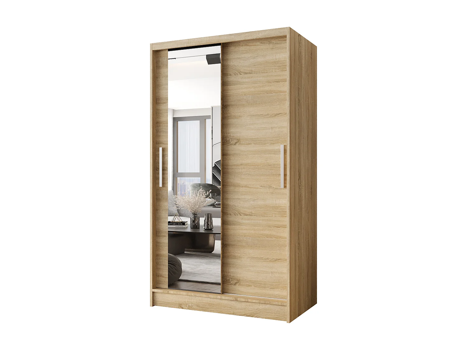 Zweitüriger Schiebeschrank mit Spiegel CHICAGO CA6, Regalböden und Kleiderstange (Sonoma)