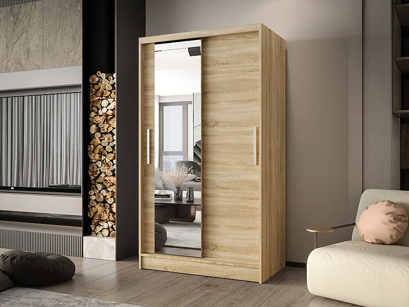 Zweitüriger Schiebeschrank mit Spiegel CHICAGO CA6, Regalböden und Kleiderstange (Sonoma)