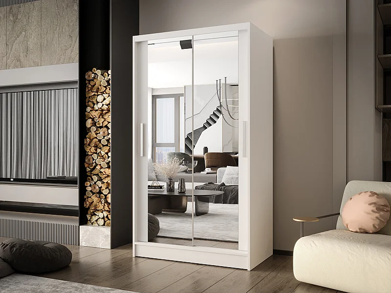 Zweitüriger Schiebeschrank mit Spiegel CHICAGO CA7, Regalböden und Kleiderstange (Weiß)