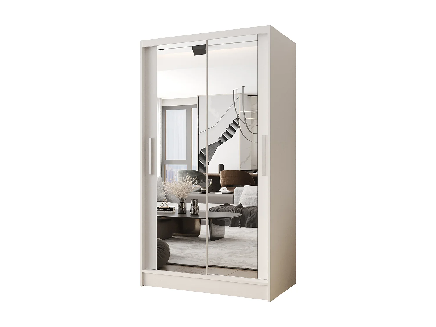 Zweitüriger Schiebeschrank mit Spiegel CHICAGO CA7, Regalböden und Kleiderstange (Weiß)