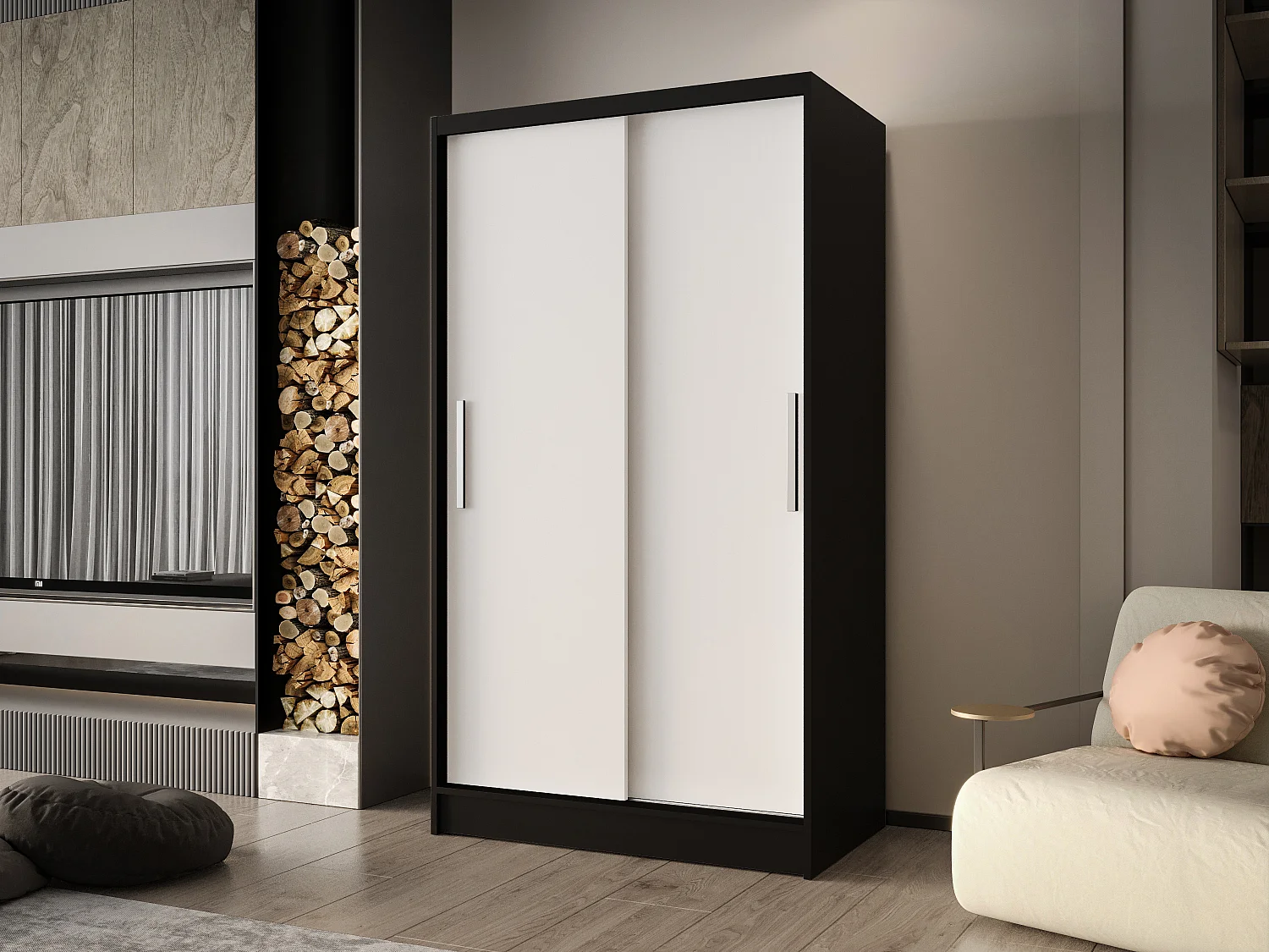 Zweitüriger Schiebeschrank CHICAGO CA1, Regalböden und Kleiderstange (Schwarz/Weiß)