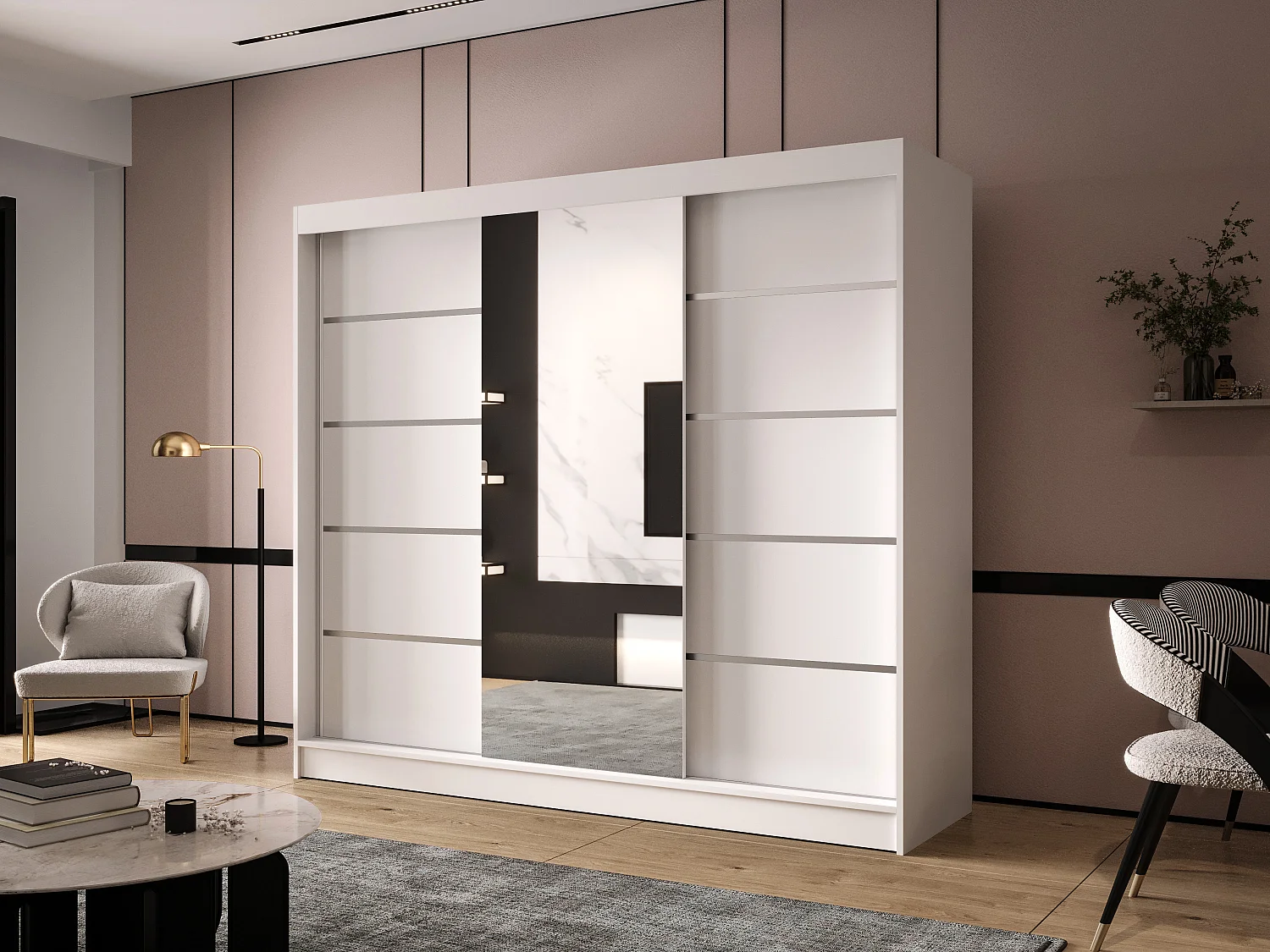 Dreitüriger Schiebeschrank mit Spiegel DALLAS DY6, Regalböden und Kleiderstange (Weiß)