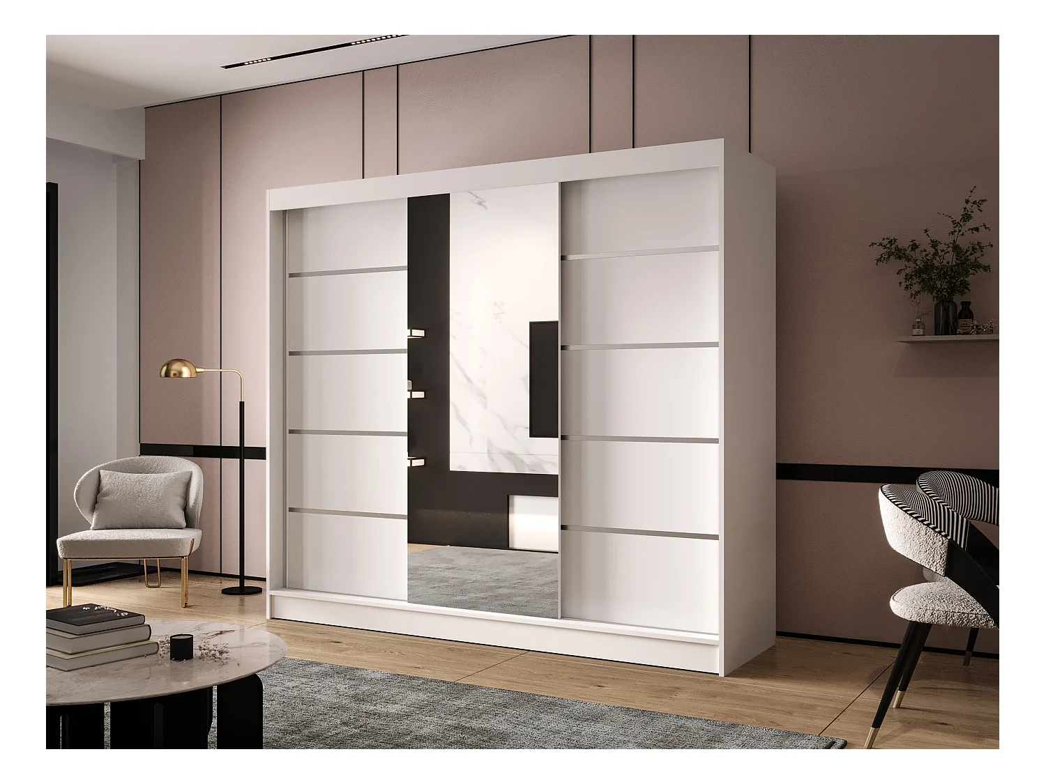 Dreitüriger Schiebeschrank mit Spiegel DALLAS DY6, Regalböden und Kleiderstange (Weiß)
