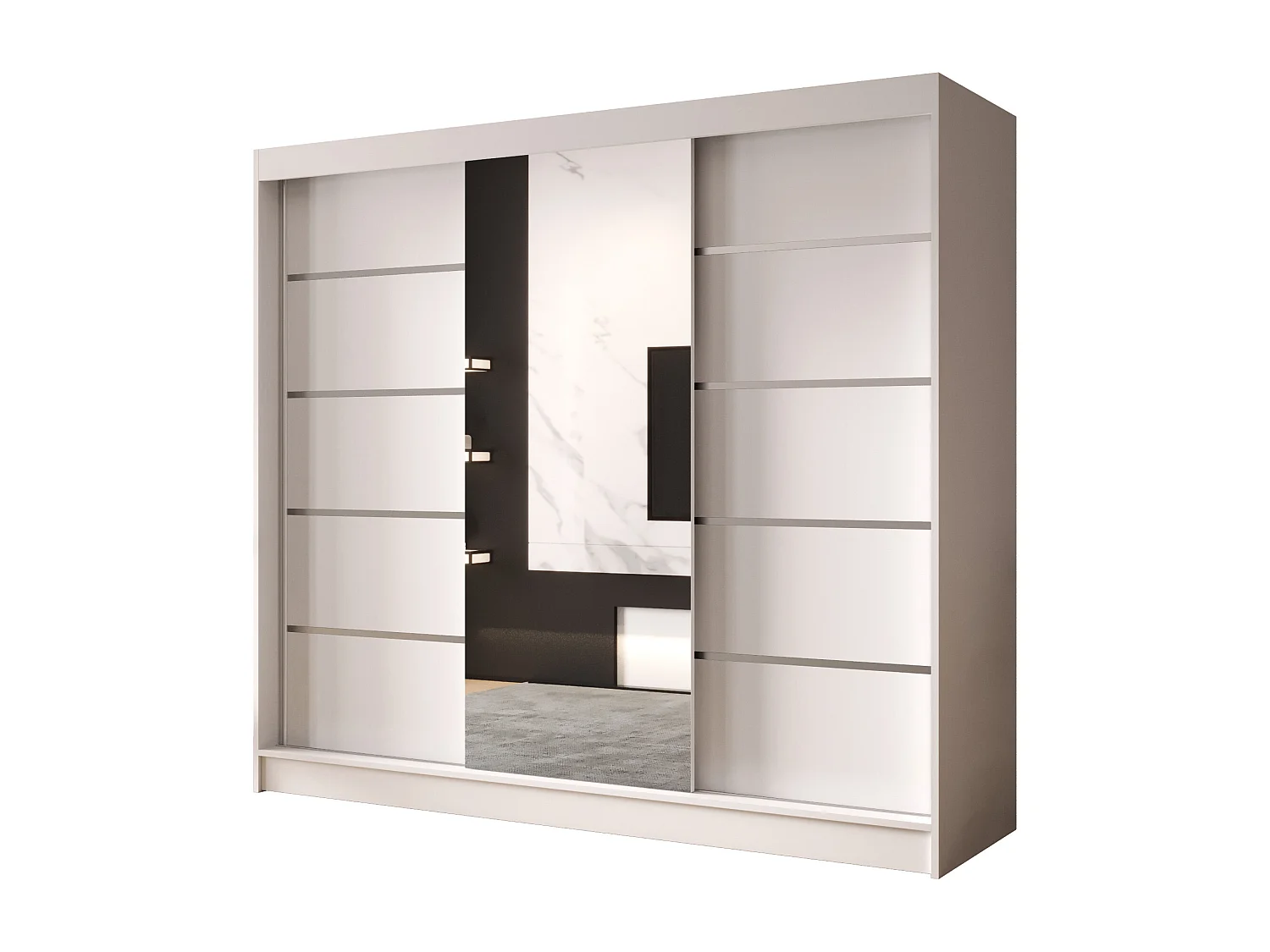 Dreitüriger Schiebeschrank mit Spiegel DALLAS DY6, Regalböden und Kleiderstange (Weiß)