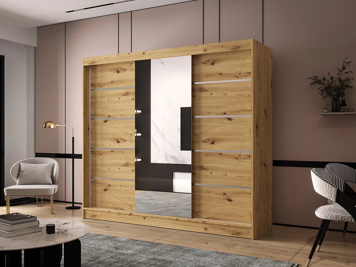 Dreitüriger Schiebeschrank mit Spiegel DALLAS DY6, Regalböden und Kleiderstange (Artisan)