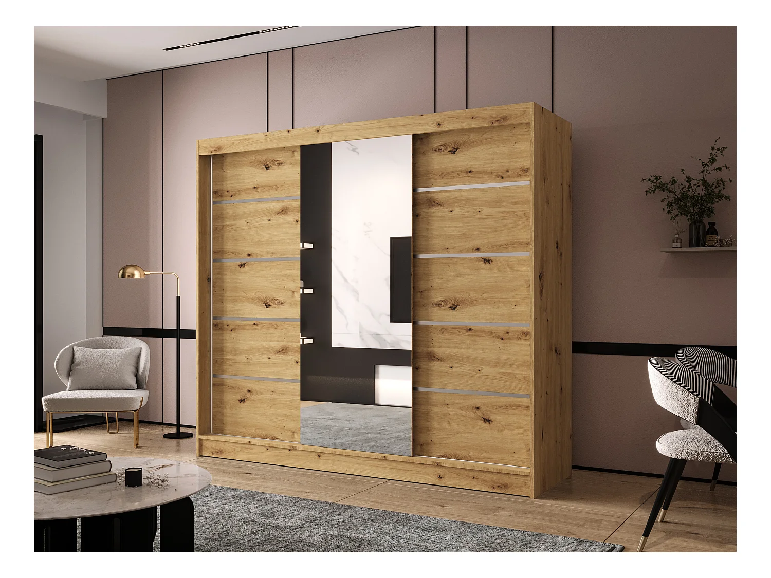 Dreitüriger Schiebeschrank mit Spiegel DALLAS DY6, Regalböden und Kleiderstange (Artisan)