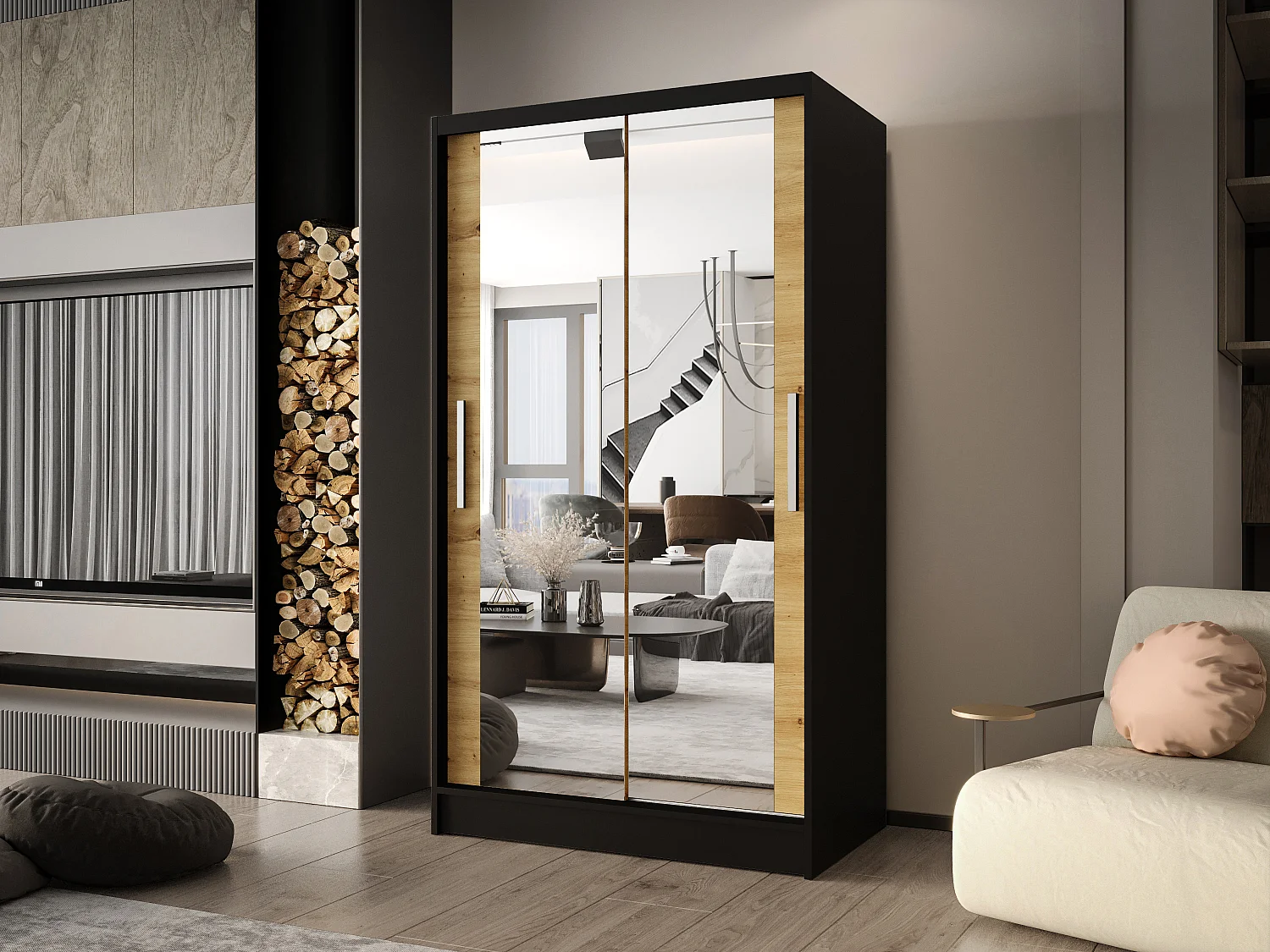 Zweitüriger Schiebeschrank mit Spiegel CHICAGO CA7, Regalböden und Kleiderstange Schwarz/Artisan